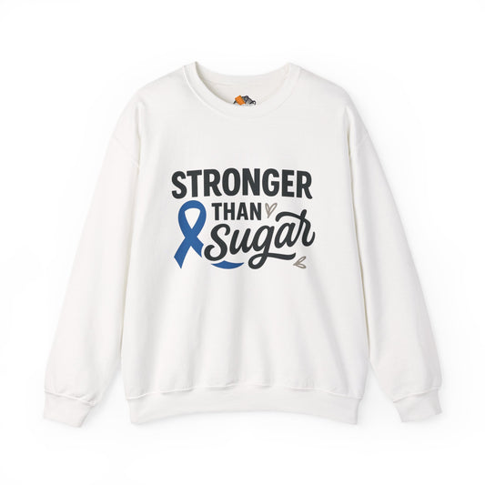 Main view of white Stronger Than Sugar crewneck sweatshirt — classic unisex fleece for diabetes awareness and everyday empowerment.