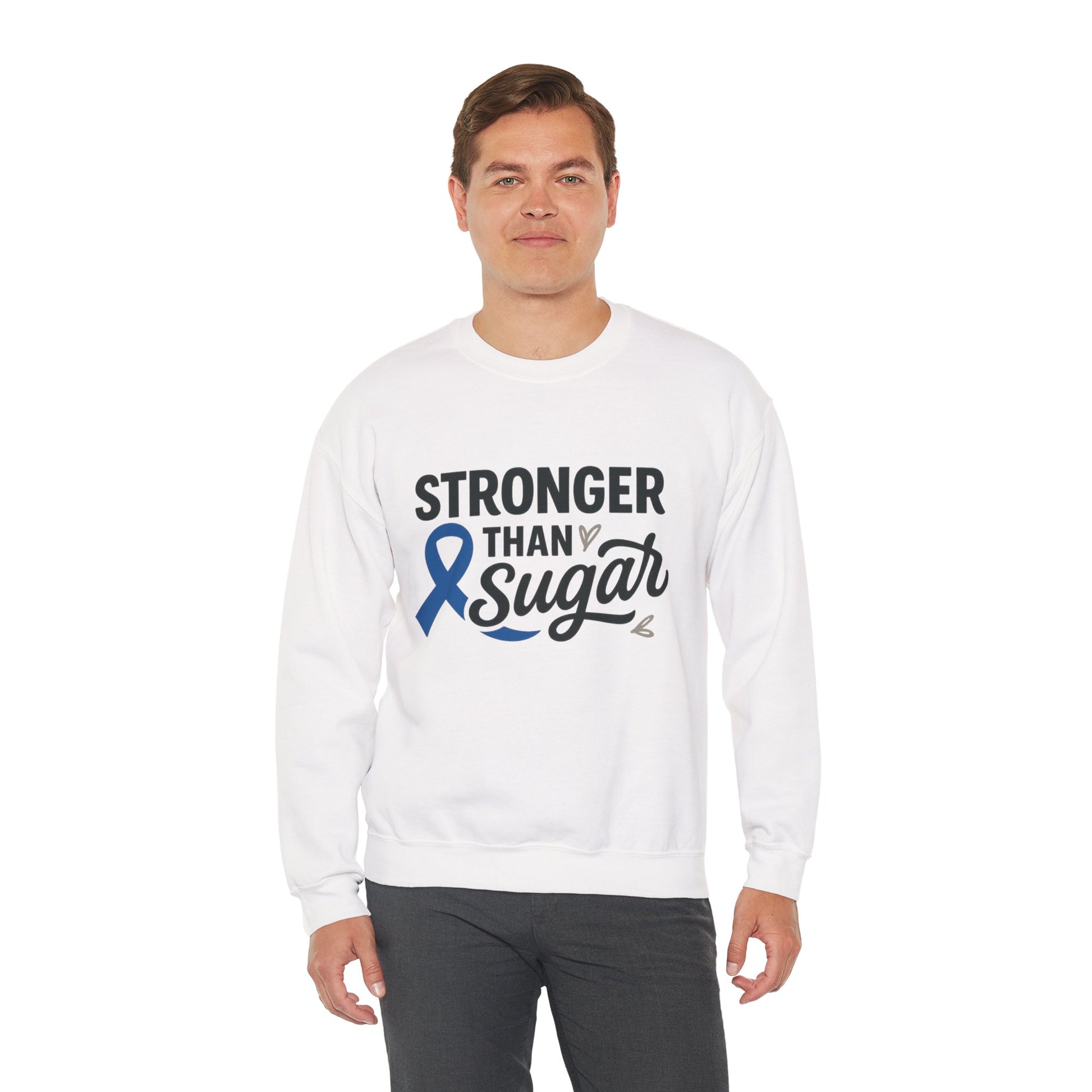 Male model wearing white Stronger Than Sugar crewneck sweatshirt — unisex awareness sweater featuring blue ribbon design for diabetes support and advocacy.