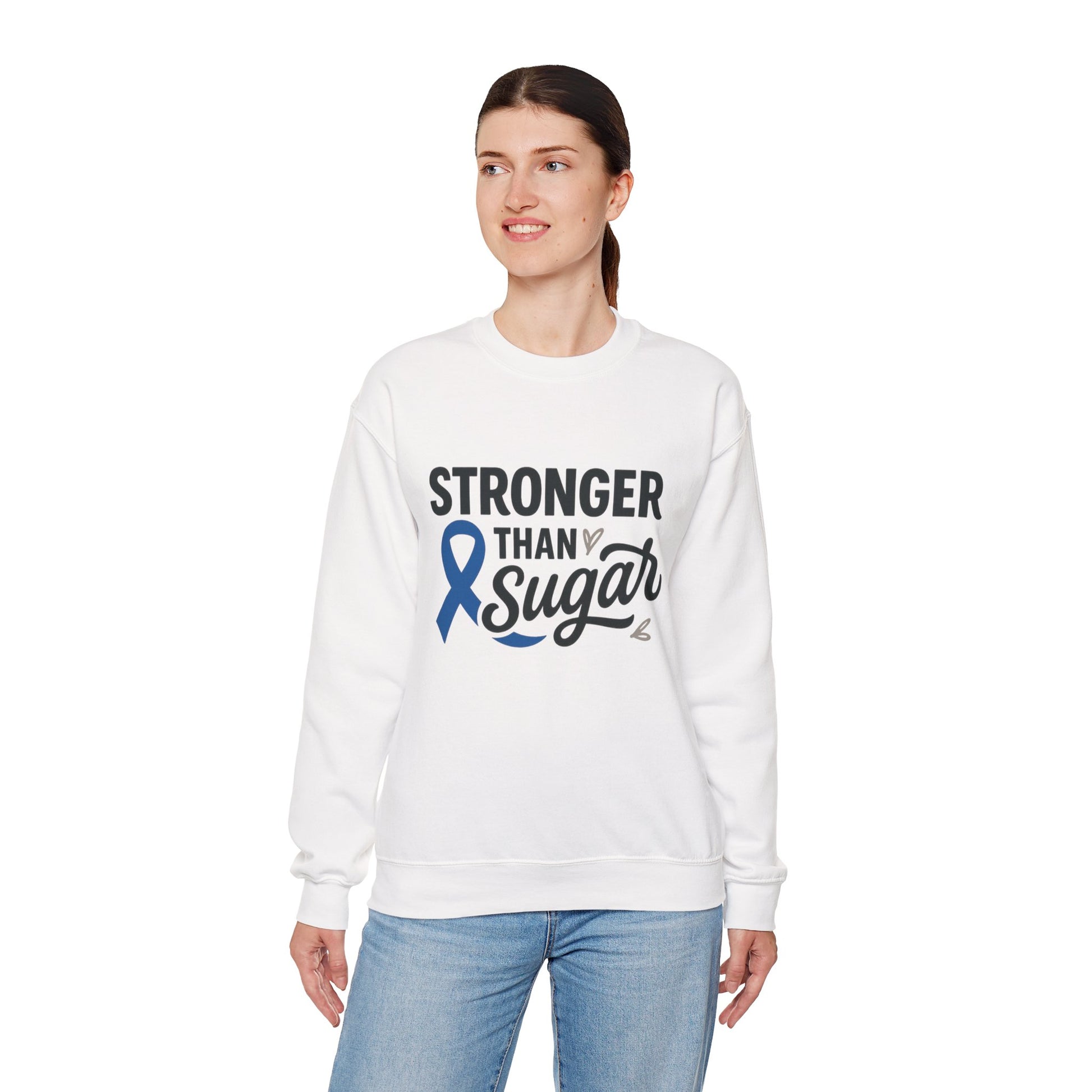 Female model in white Stronger Than Sugar sweatshirt — unisex fleece promoting diabetes awareness, empowerment, and healthy lifestyle advocacy.