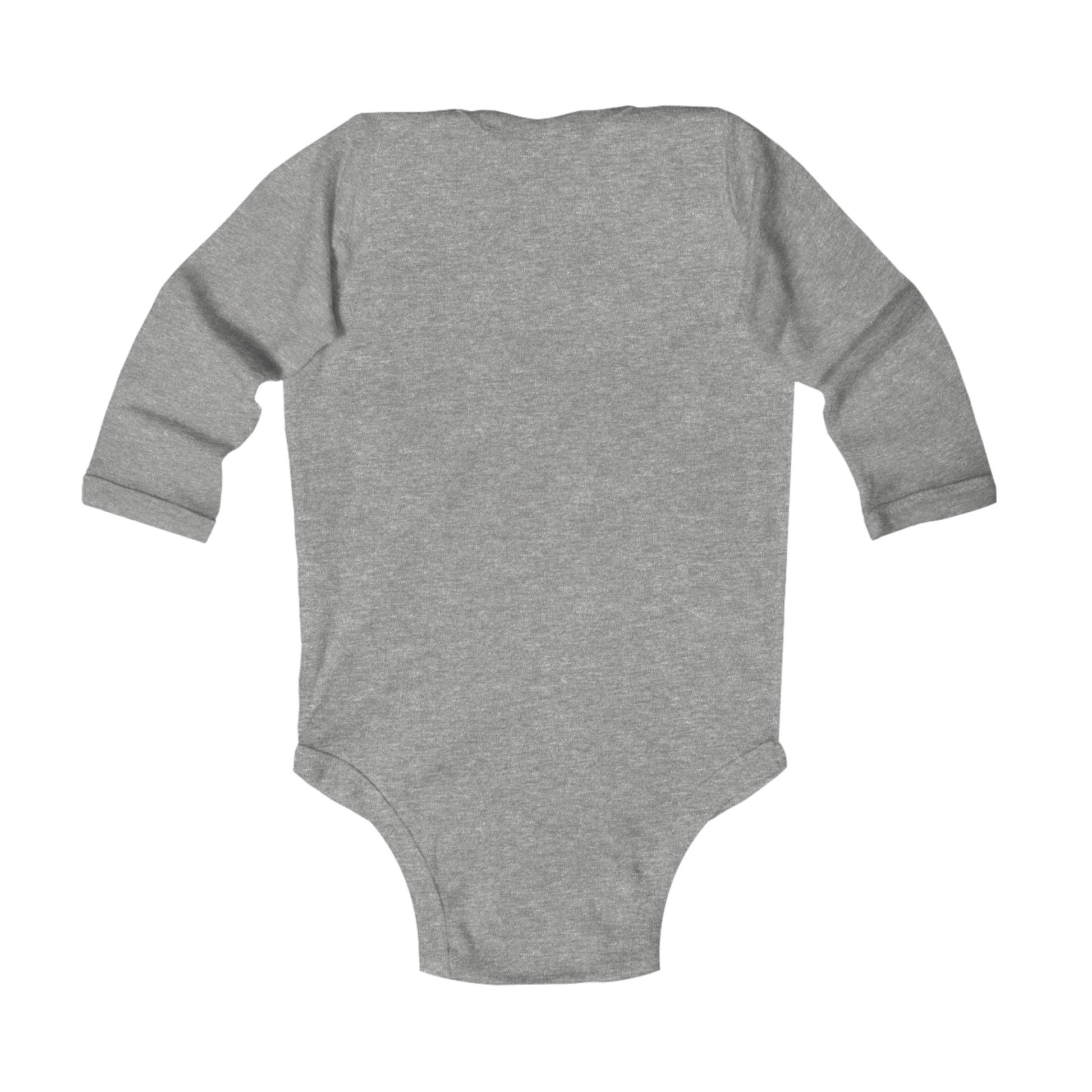 Back view of Stronger Than Sugar infant onesie in heather gray — cozy baby bodysuit symbolizing strength and diabetes awareness for families.