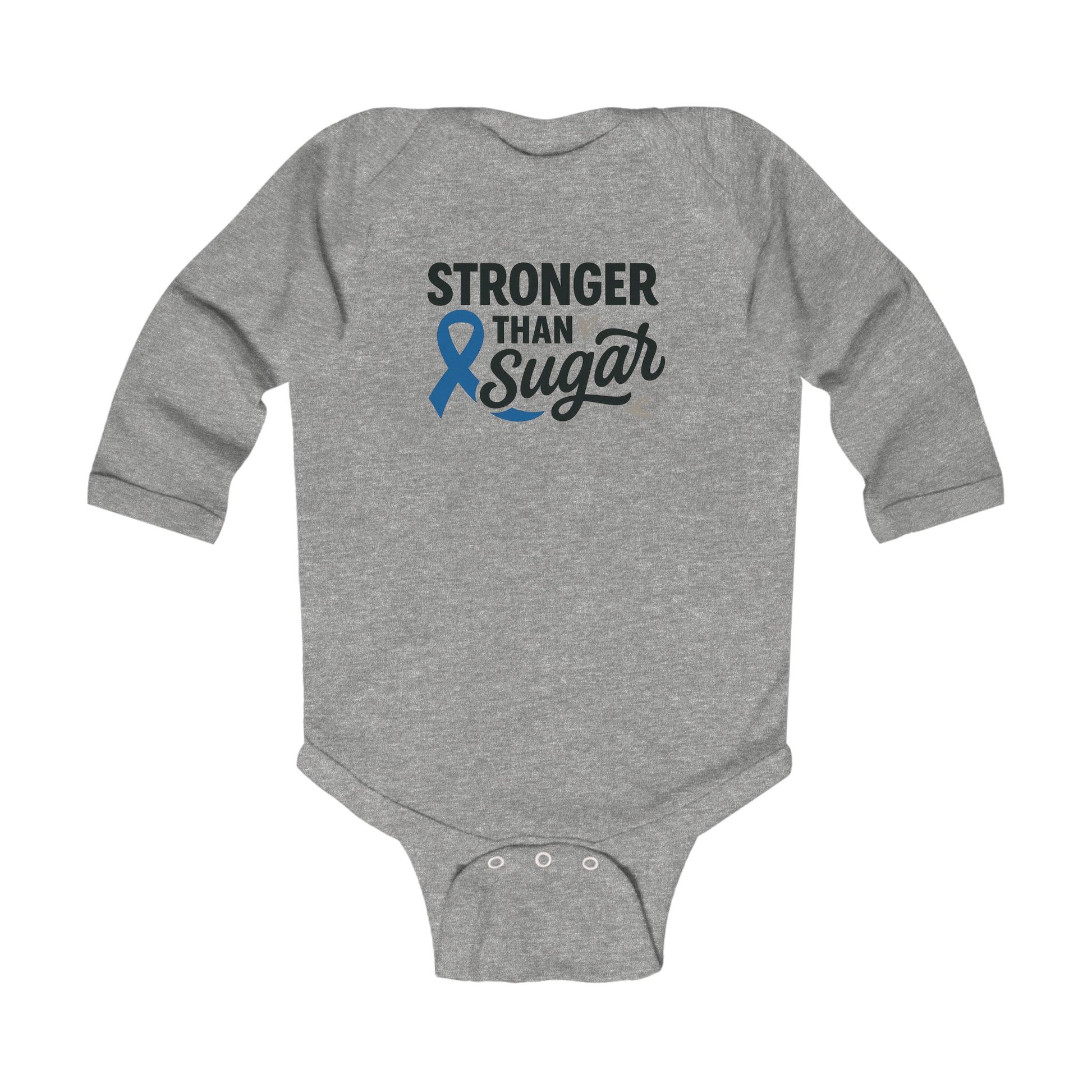 Heather gray Stronger Than Sugar infant onesie with blue diabetes awareness ribbon — cozy long sleeve baby bodysuit symbolizing health and resilience.