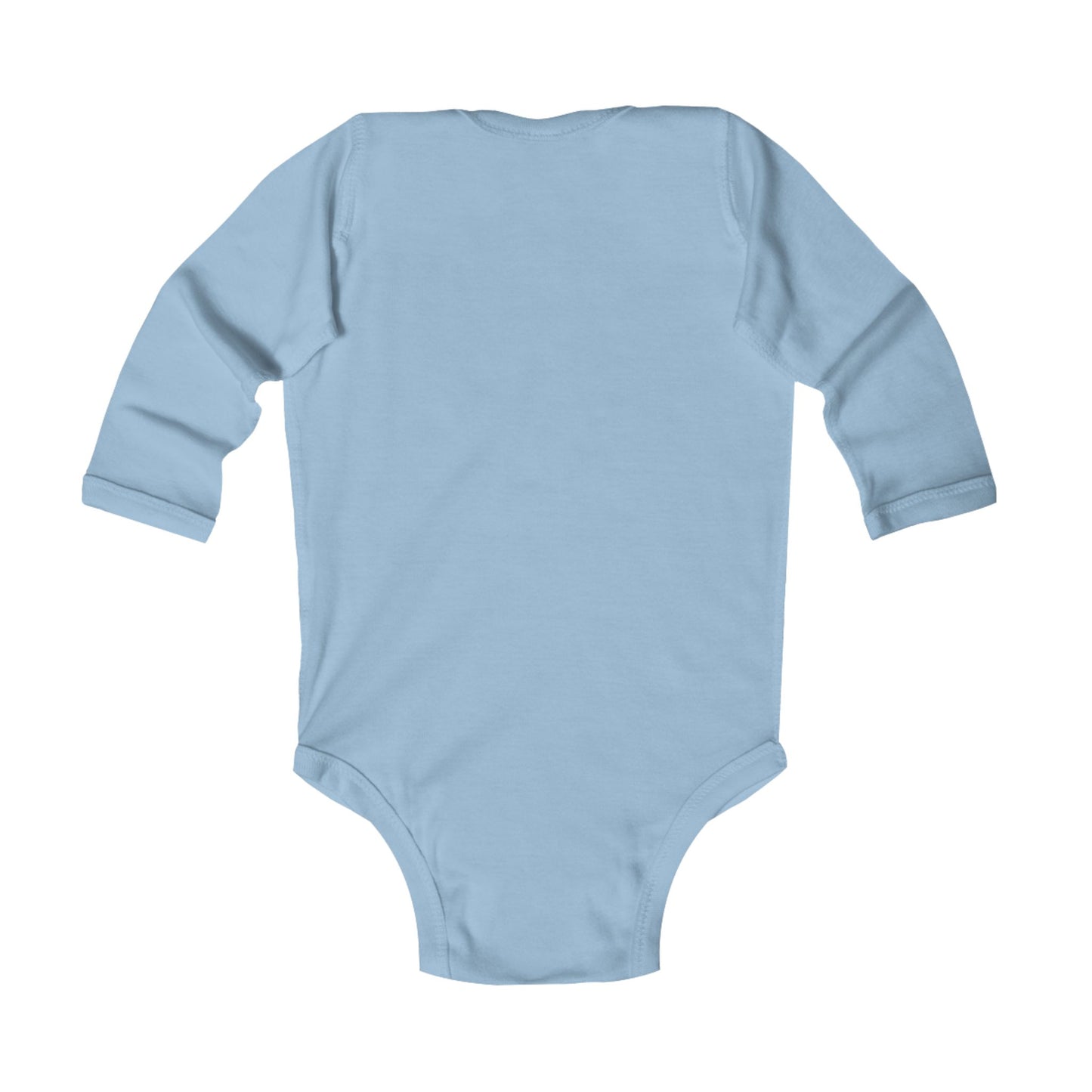 Back view of Stronger Than Sugar infant bodysuit in light blue — long sleeve baby outfit for everyday comfort and diabetes awareness support.