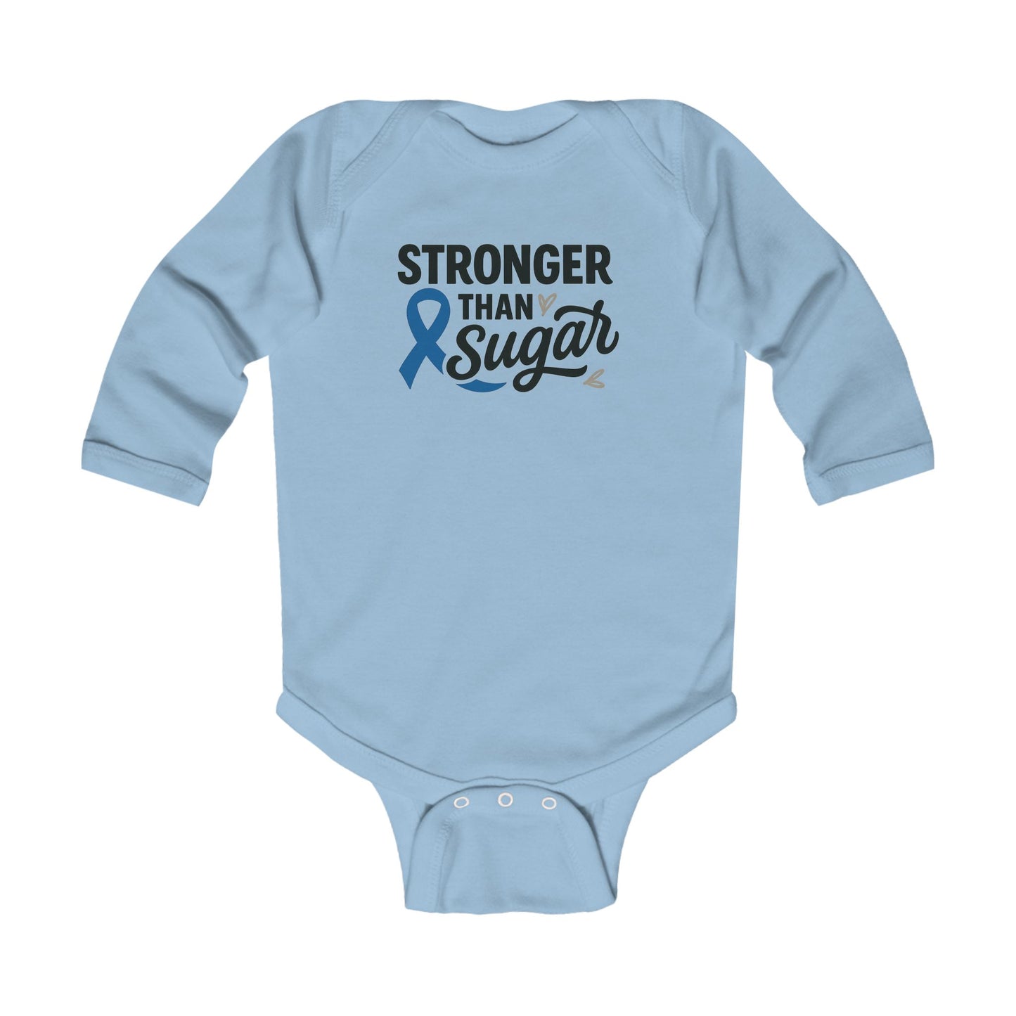 Light blue Stronger Than Sugar infant long sleeve onesie — adorable baby outfit featuring awareness ribbon and uplifting message for diabetic families.