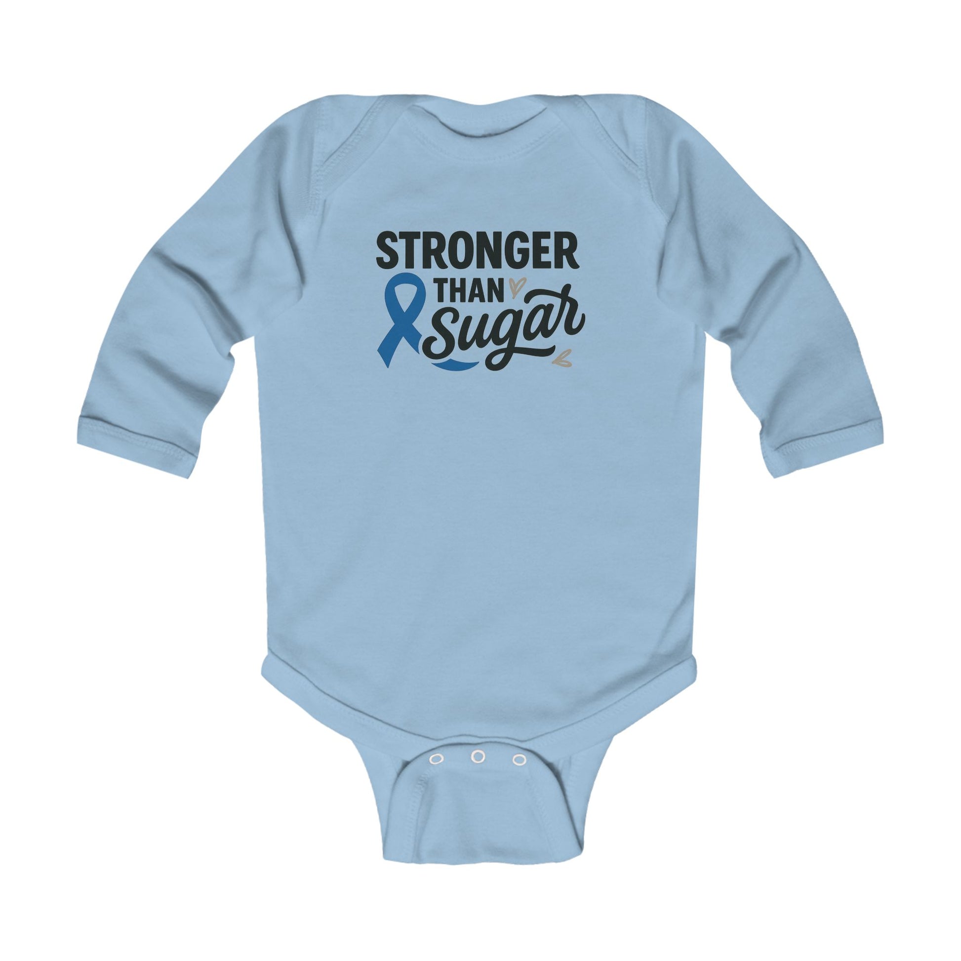 Light blue Stronger Than Sugar infant long sleeve onesie — adorable baby outfit featuring awareness ribbon and uplifting message for diabetic families.