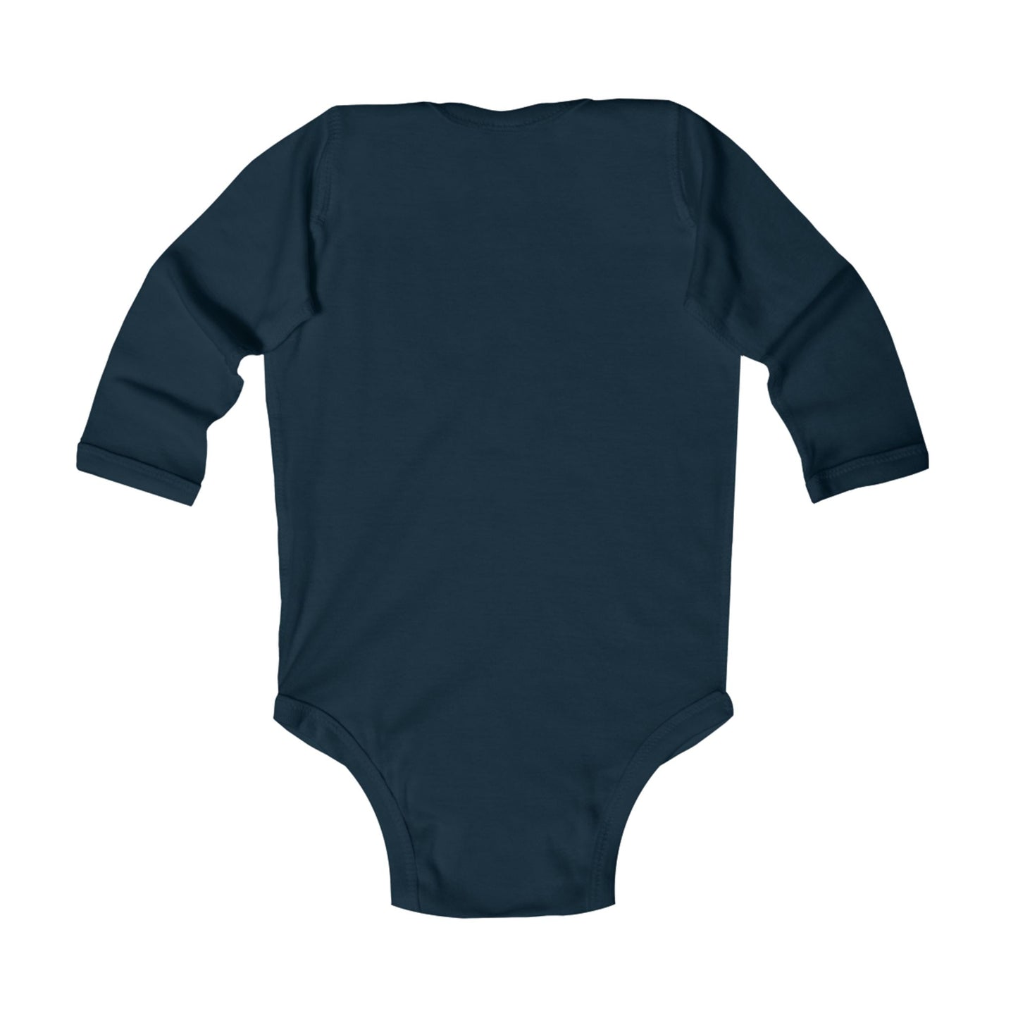 Back view of Stronger Than Sugar navy infant long sleeve onesie — durable, comfy baby wear supporting strength and wellness awareness.