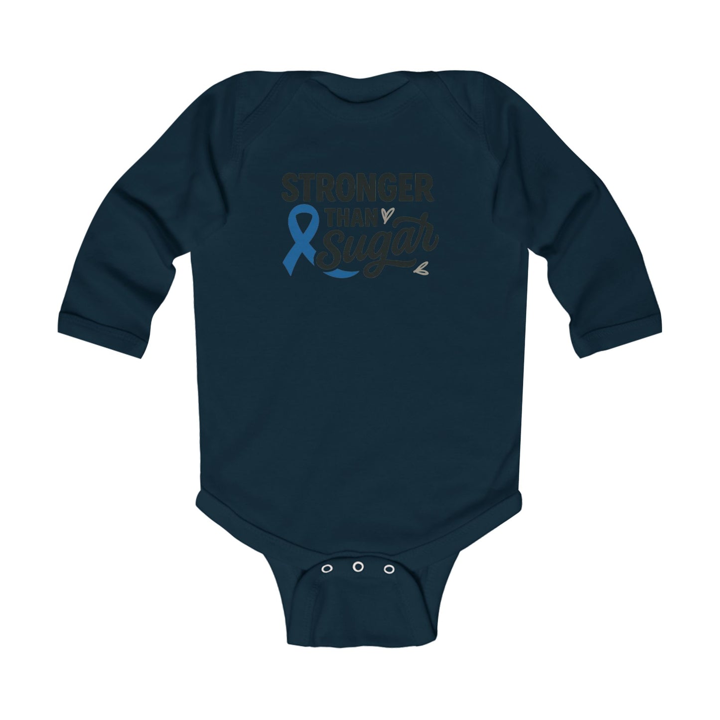 Navy blue Stronger Than Sugar infant onesie with awareness ribbon — soft baby bodysuit for supporting diabetes awareness and family empowerment.
