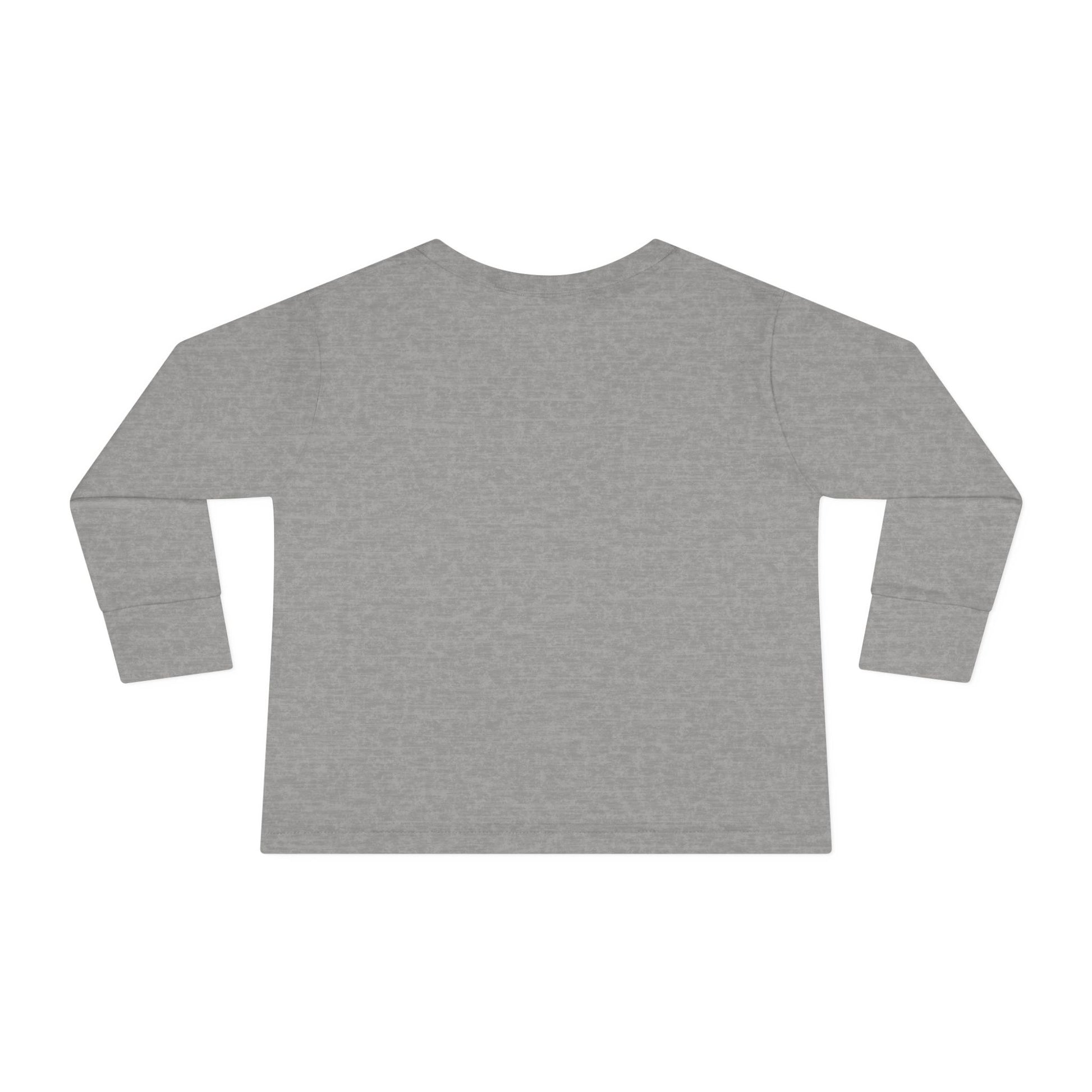 Back view of heather gray Stronger Than Sugar toddler long sleeve shirt — cozy unisex awareness tee promoting diabetes strength and hope.
