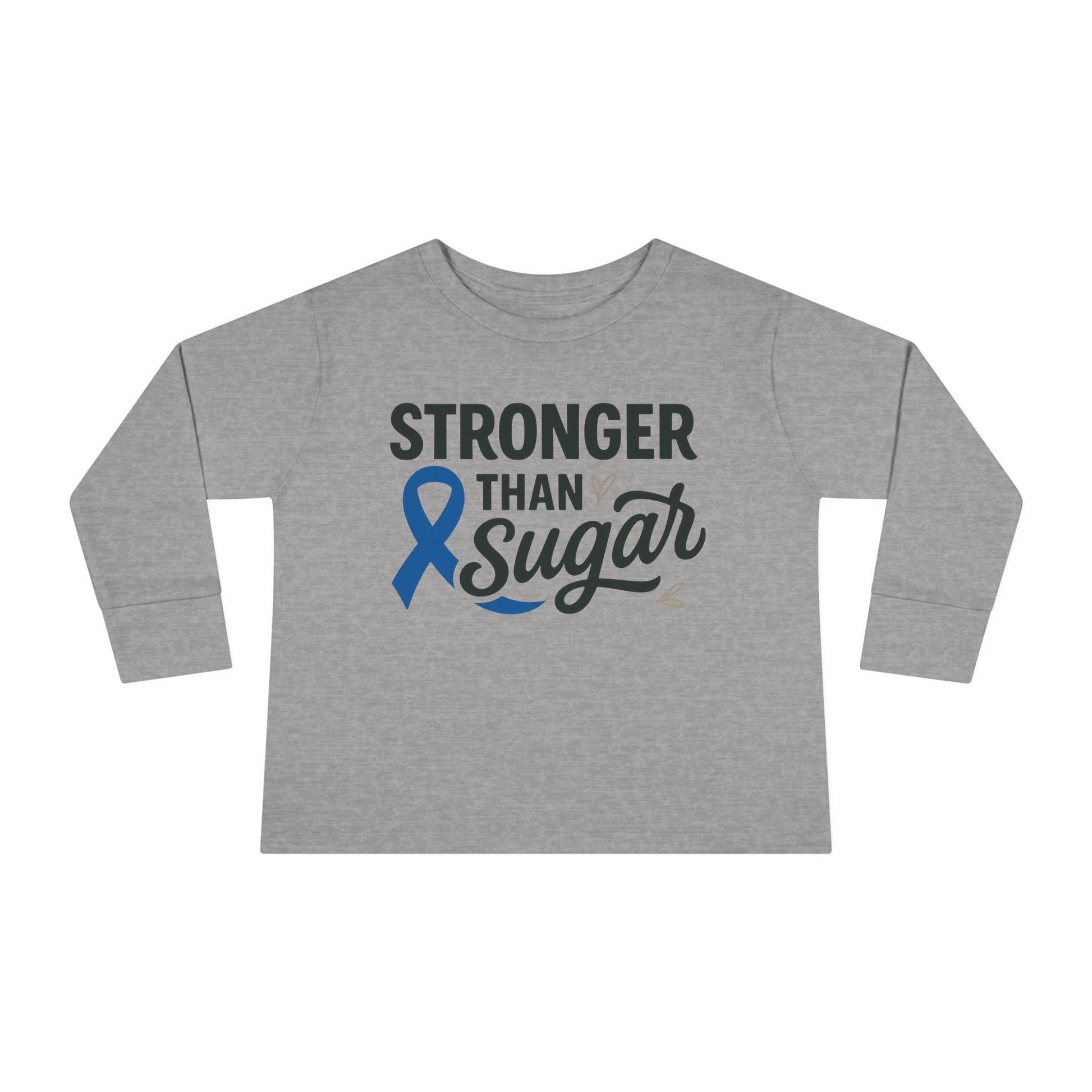 Main view of heather gray Stronger Than Sugar toddler long sleeve shirt — cozy unisex awareness tee promoting diabetes strength and hope.