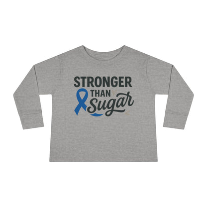 Main view of heather gray Stronger Than Sugar toddler long sleeve shirt — cozy unisex awareness tee promoting diabetes strength and hope.