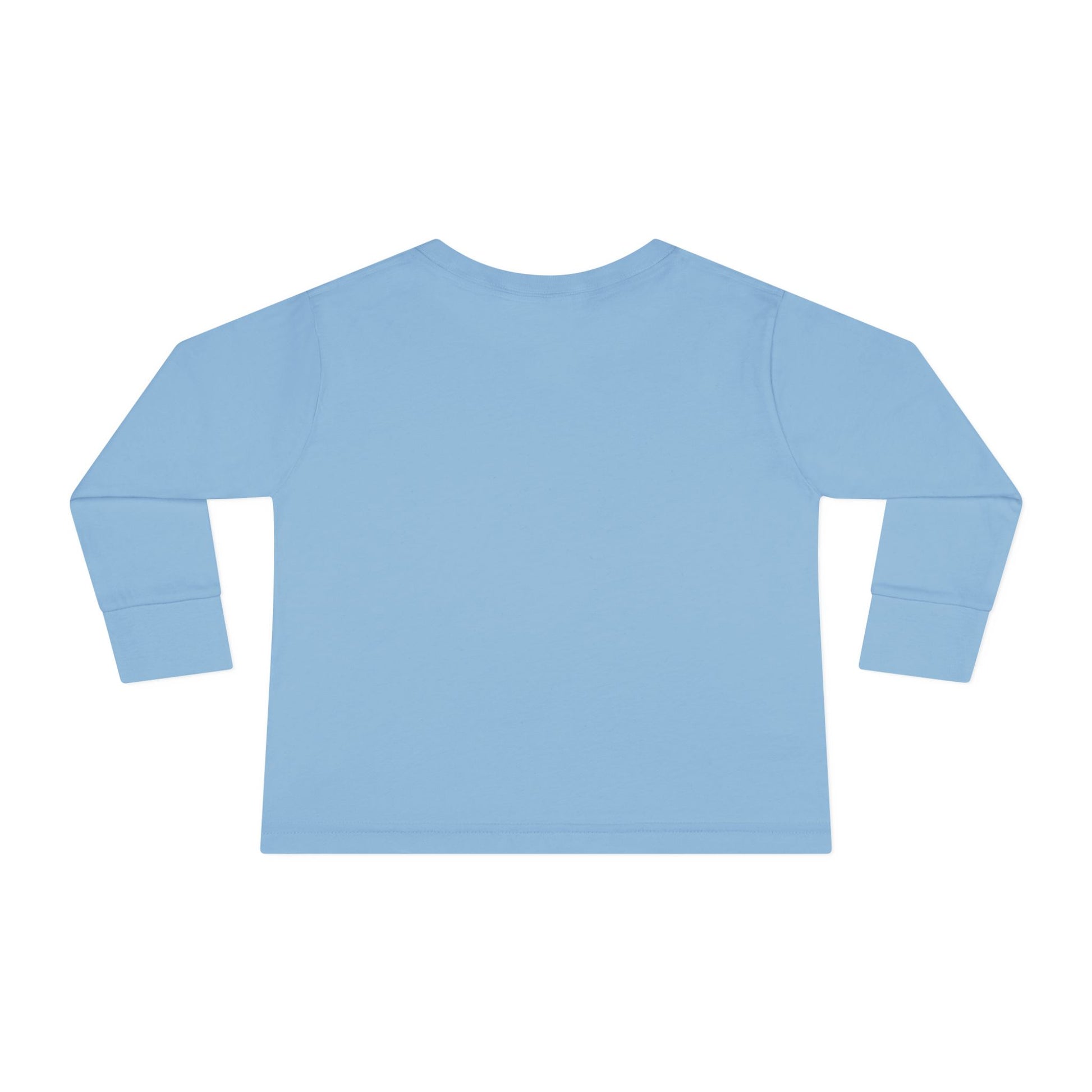 Back view of light blue Stronger Than Sugar toddler long sleeve shirt — soft cotton awareness tee for children showing diabetes strength and unity.