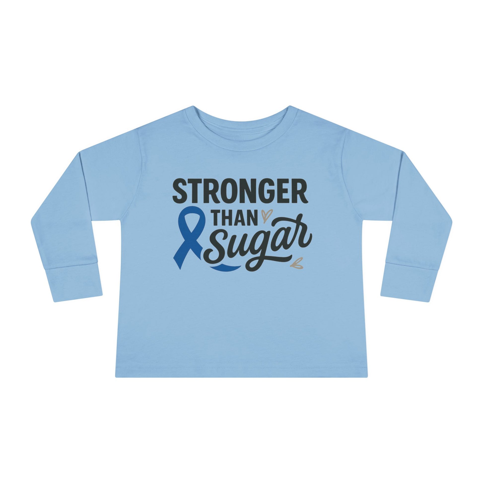 Main view of light blue Stronger Than Sugar toddler long sleeve shirt — soft cotton awareness tee for children showing diabetes strength and unity.