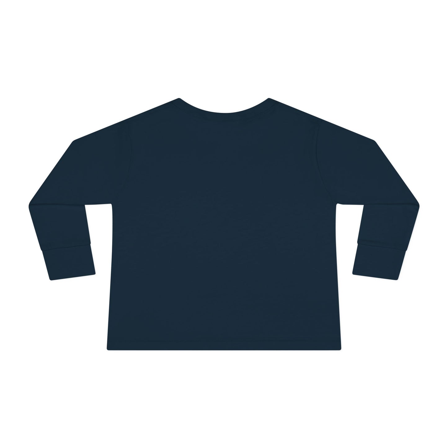 Back view of navy blue Stronger Than Sugar toddler long sleeve shirt — soft cotton awareness top for kids supporting diabetes strength and resilience.