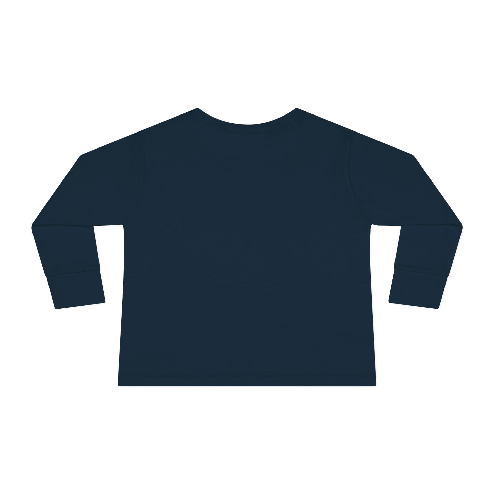 Back view of navy blue Stronger Than Sugar toddler long sleeve shirt — soft cotton awareness top for kids supporting diabetes strength and resilience.