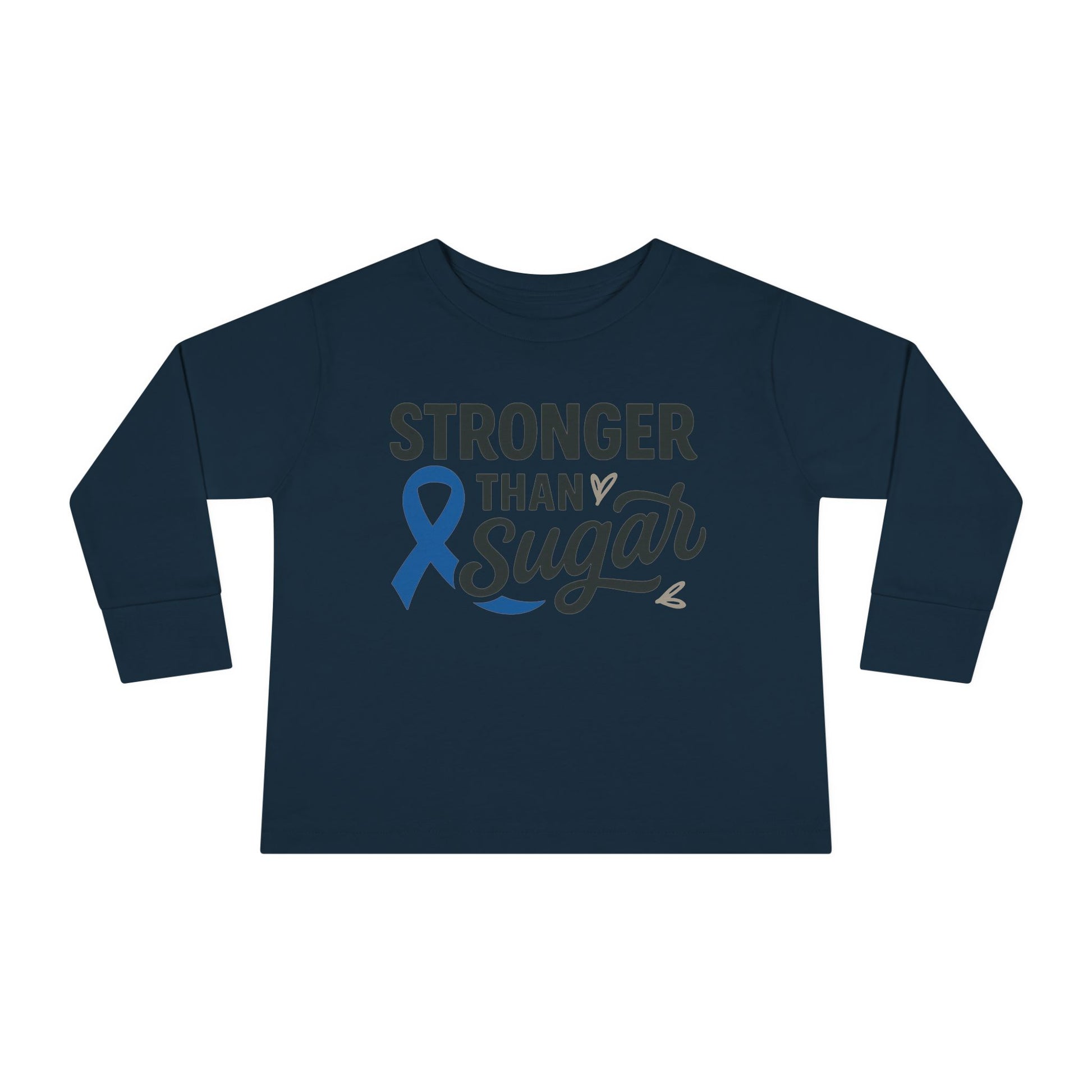 Main view of navy blue Stronger Than Sugar toddler long sleeve shirt — soft cotton awareness top for kids supporting diabetes strength and resilience.