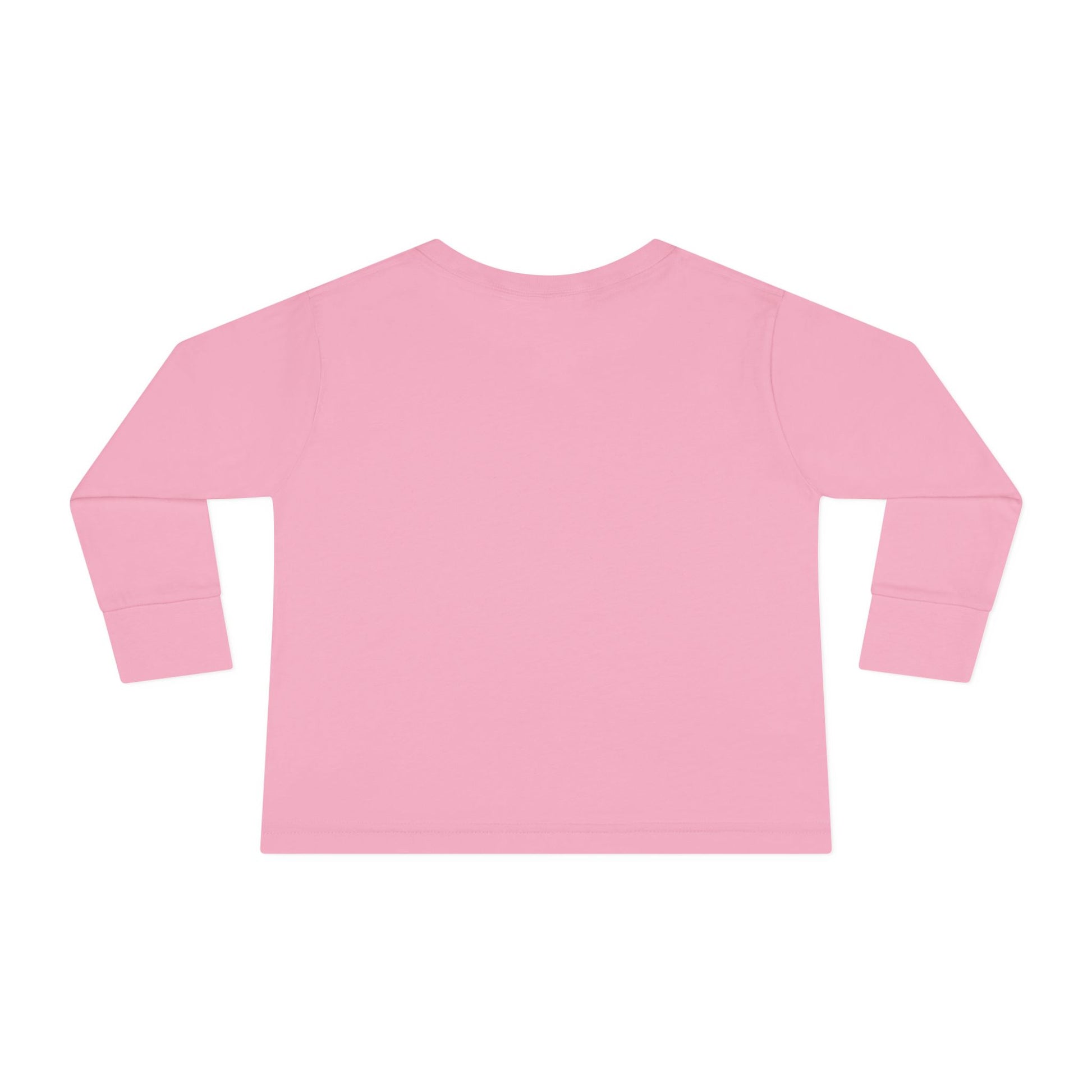 Back view of pink Stronger Than Sugar toddler long sleeve shirt — soft cotton awareness tee for kids supporting diabetes strength and hope.