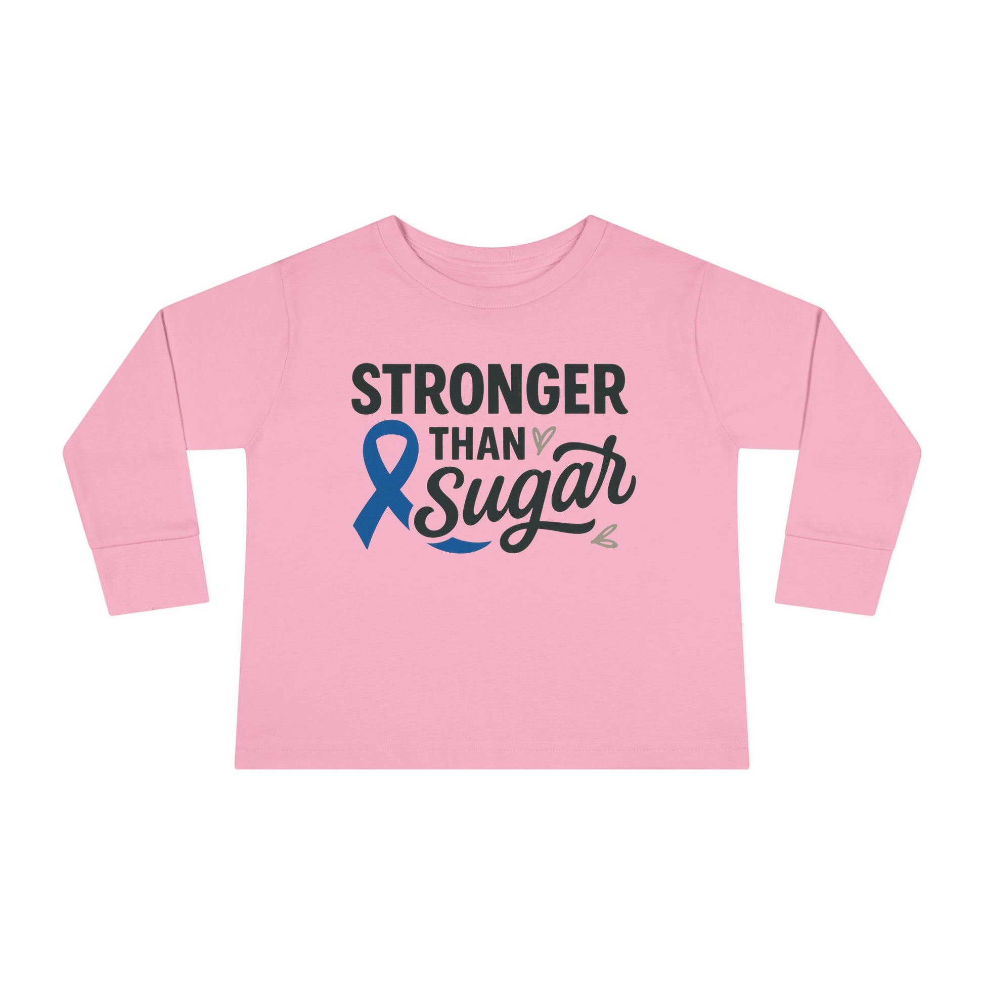 Main view of pink Stronger Than Sugar toddler long sleeve shirt — soft cotton awareness tee for kids supporting diabetes strength and hope.