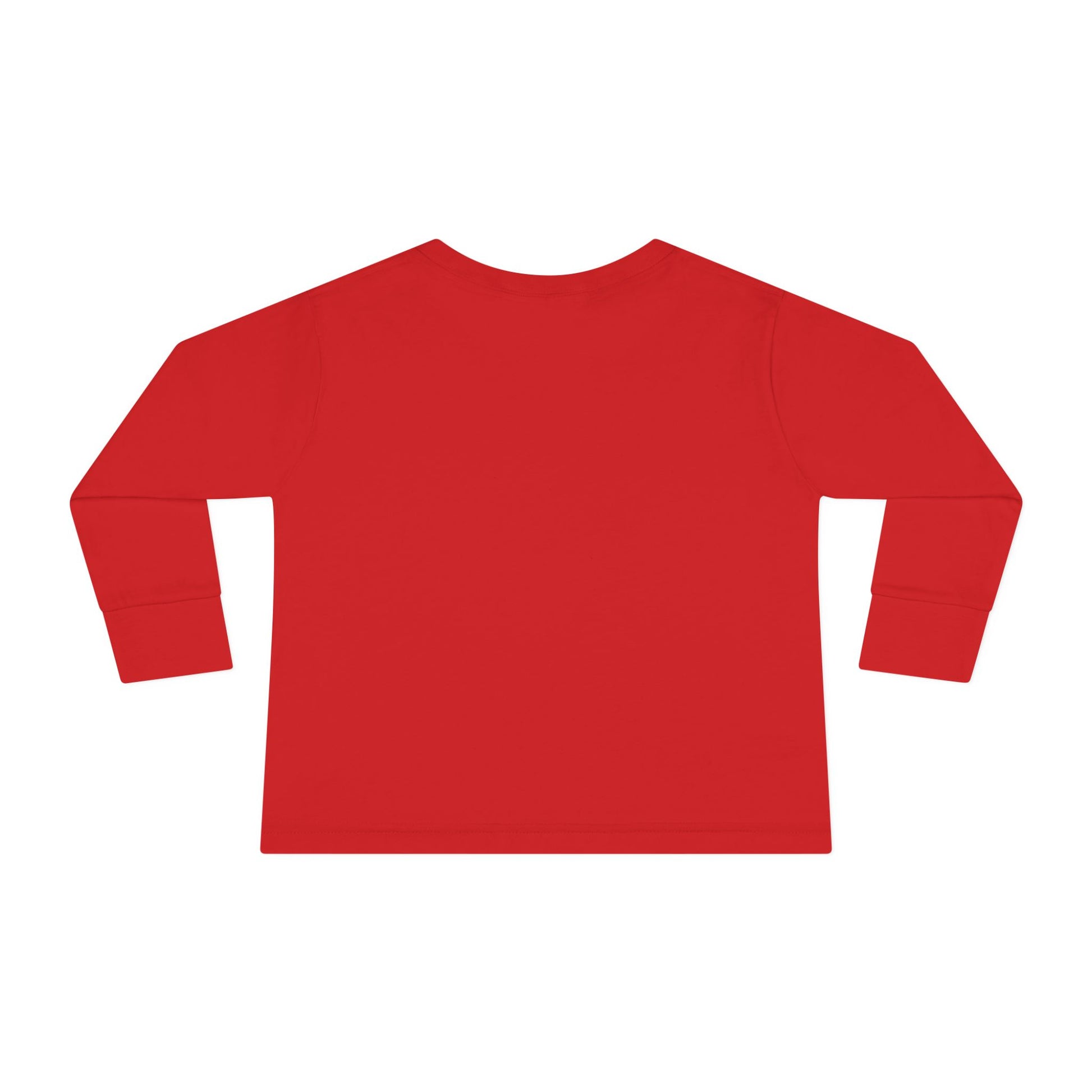 Back view of red Stronger Than Sugar toddler long sleeve shirt — soft cotton kids tee designed to promote diabetes awareness and strength.