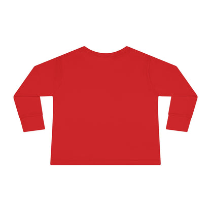 Back view of red Stronger Than Sugar toddler long sleeve shirt — soft cotton kids tee designed to promote diabetes awareness and strength.
