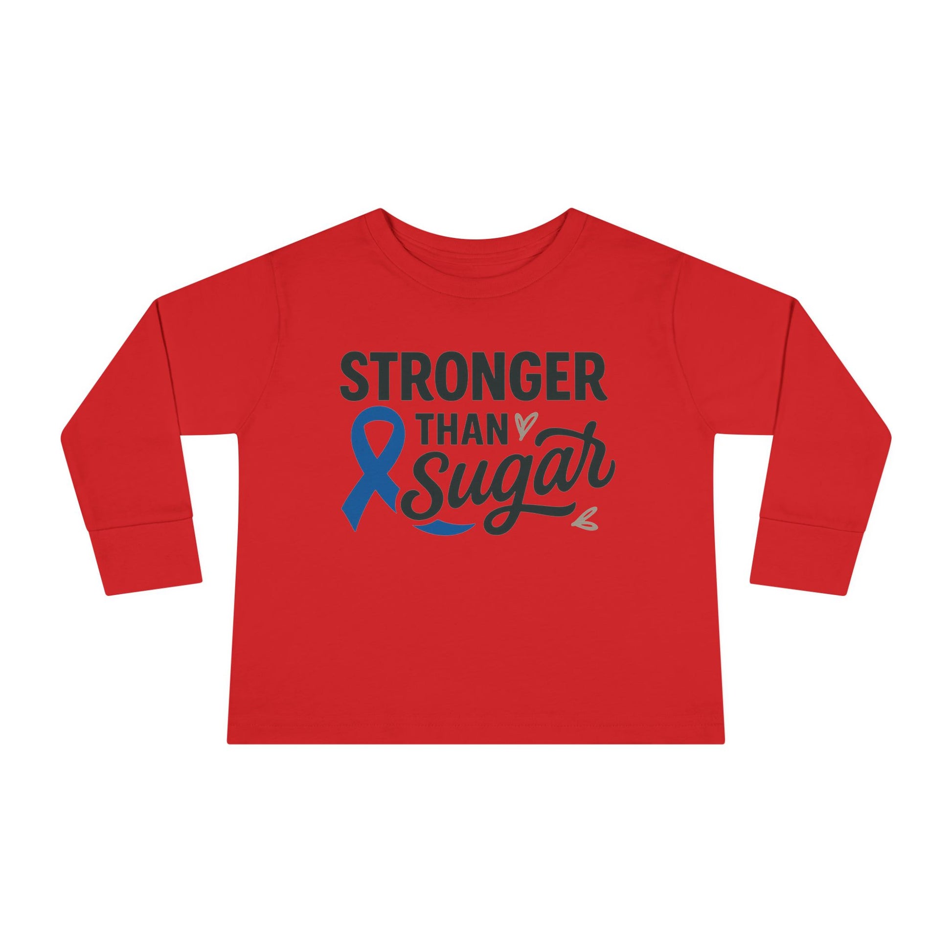 Main view of red Stronger Than Sugar toddler long sleeve shirt — soft cotton kids tee designed to promote diabetes awareness and strength.