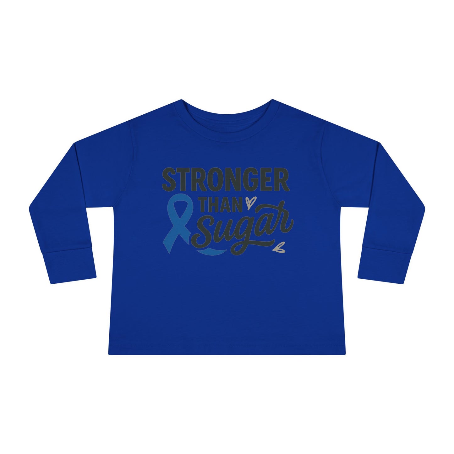 Main view of royal blue Stronger Than Sugar toddler long sleeve shirt — soft awareness tee for kids supporting diabetes advocacy and strength.