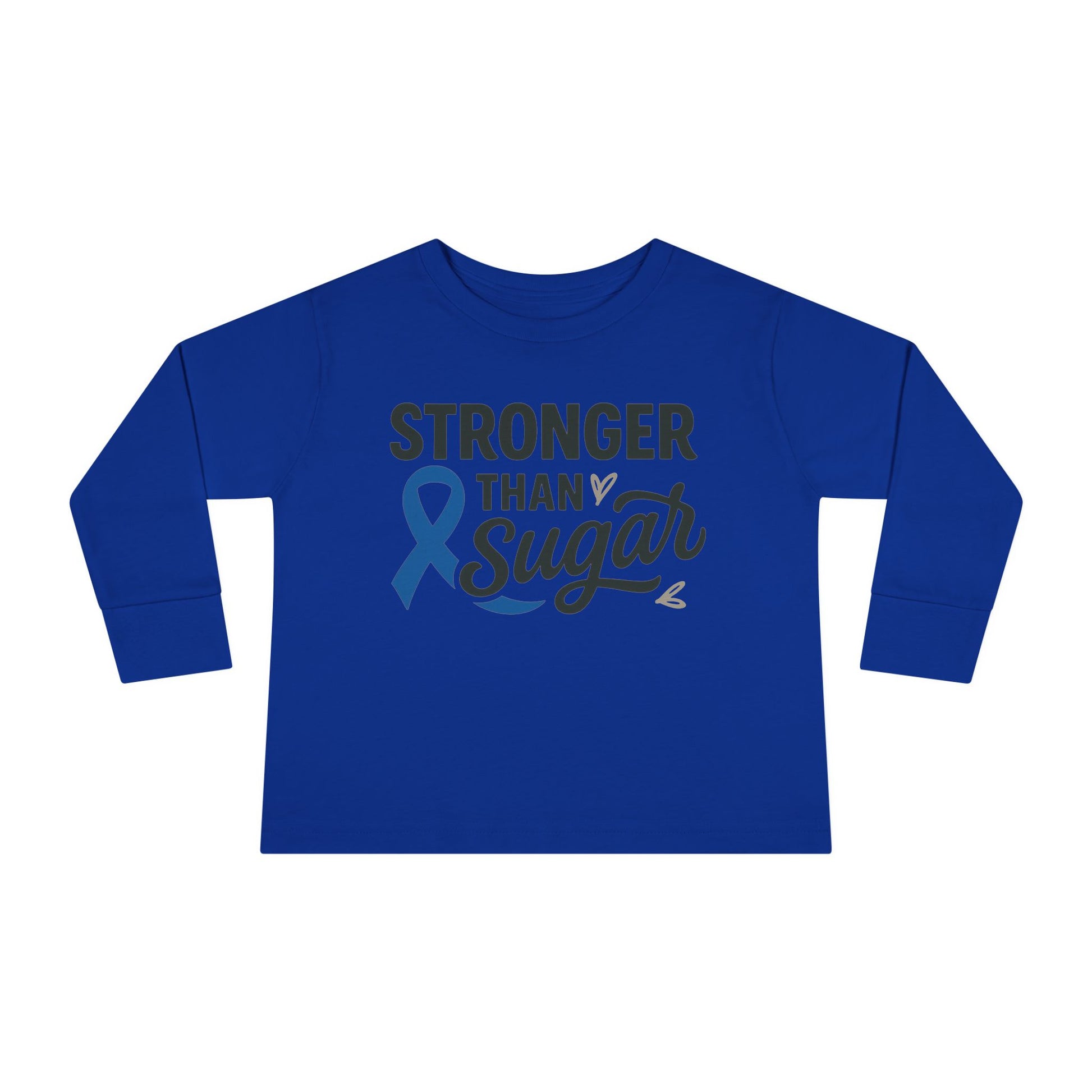 Main view of royal blue Stronger Than Sugar toddler long sleeve shirt — soft awareness tee for kids supporting diabetes advocacy and strength.