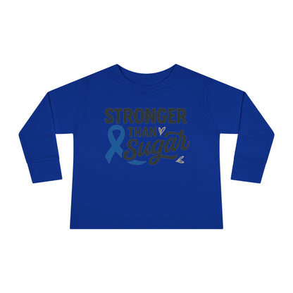 Main view of royal blue Stronger Than Sugar toddler long sleeve shirt — soft awareness tee for kids supporting diabetes advocacy and strength.
