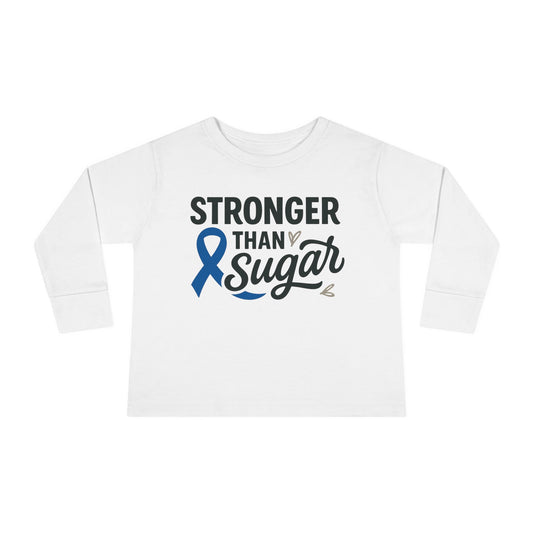 Main view of white Stronger Than Sugar toddler long sleeve shirt — soft unisex awareness tee promoting diabetes strength, courage, and hope.