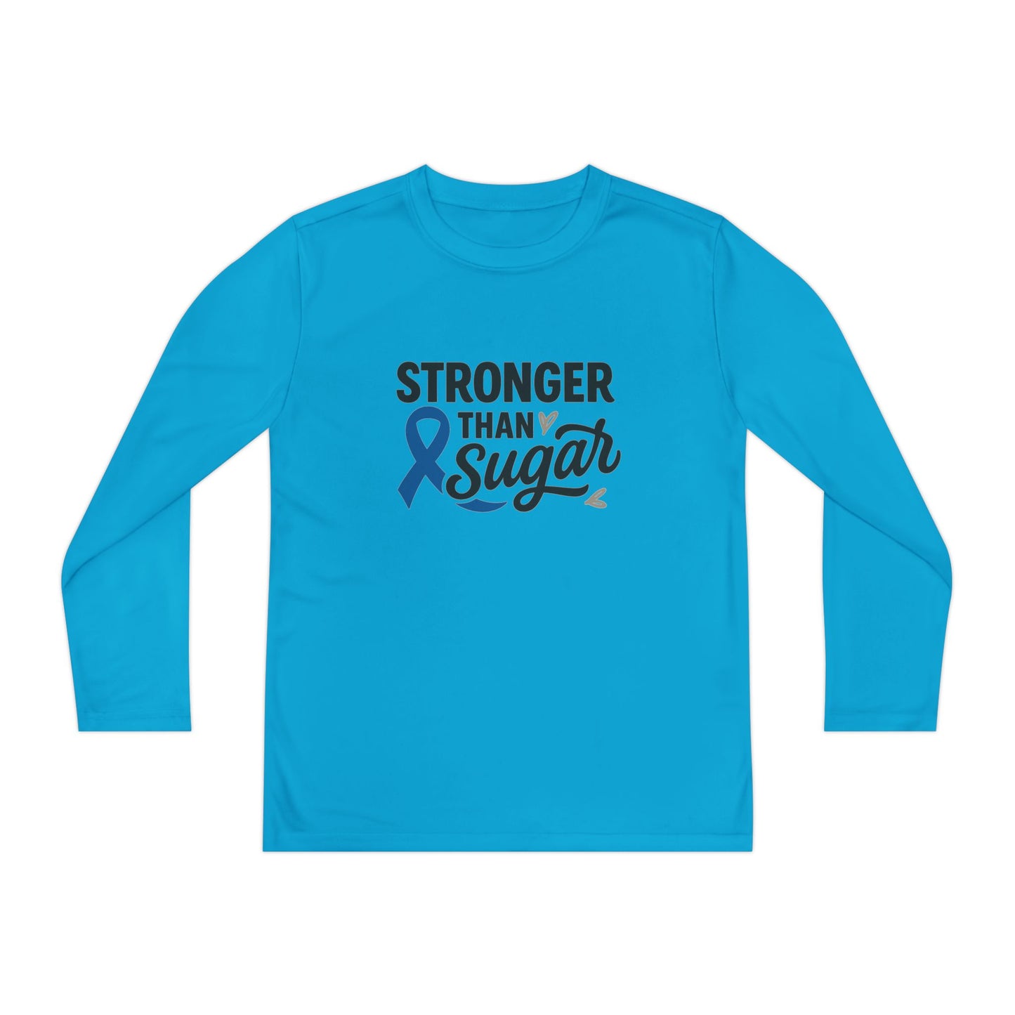 Main view of Atomic Blue Stronger Than Sugar youth long sleeve shirt — bold awareness tee symbolizing diabetes support and empowerment.