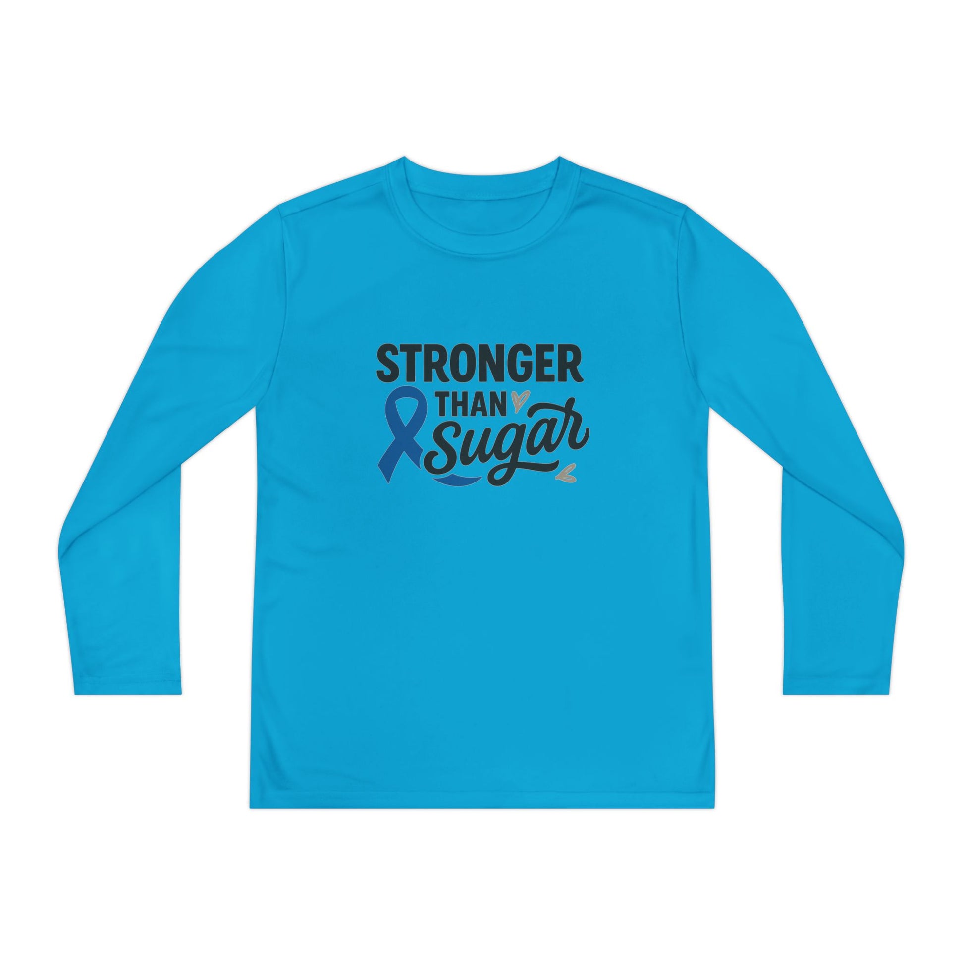 Main view of Atomic Blue Stronger Than Sugar youth long sleeve shirt — bold awareness tee symbolizing diabetes support and empowerment.