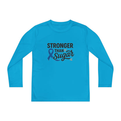 Main view of Atomic Blue Stronger Than Sugar youth long sleeve shirt — bold awareness tee symbolizing diabetes support and empowerment.