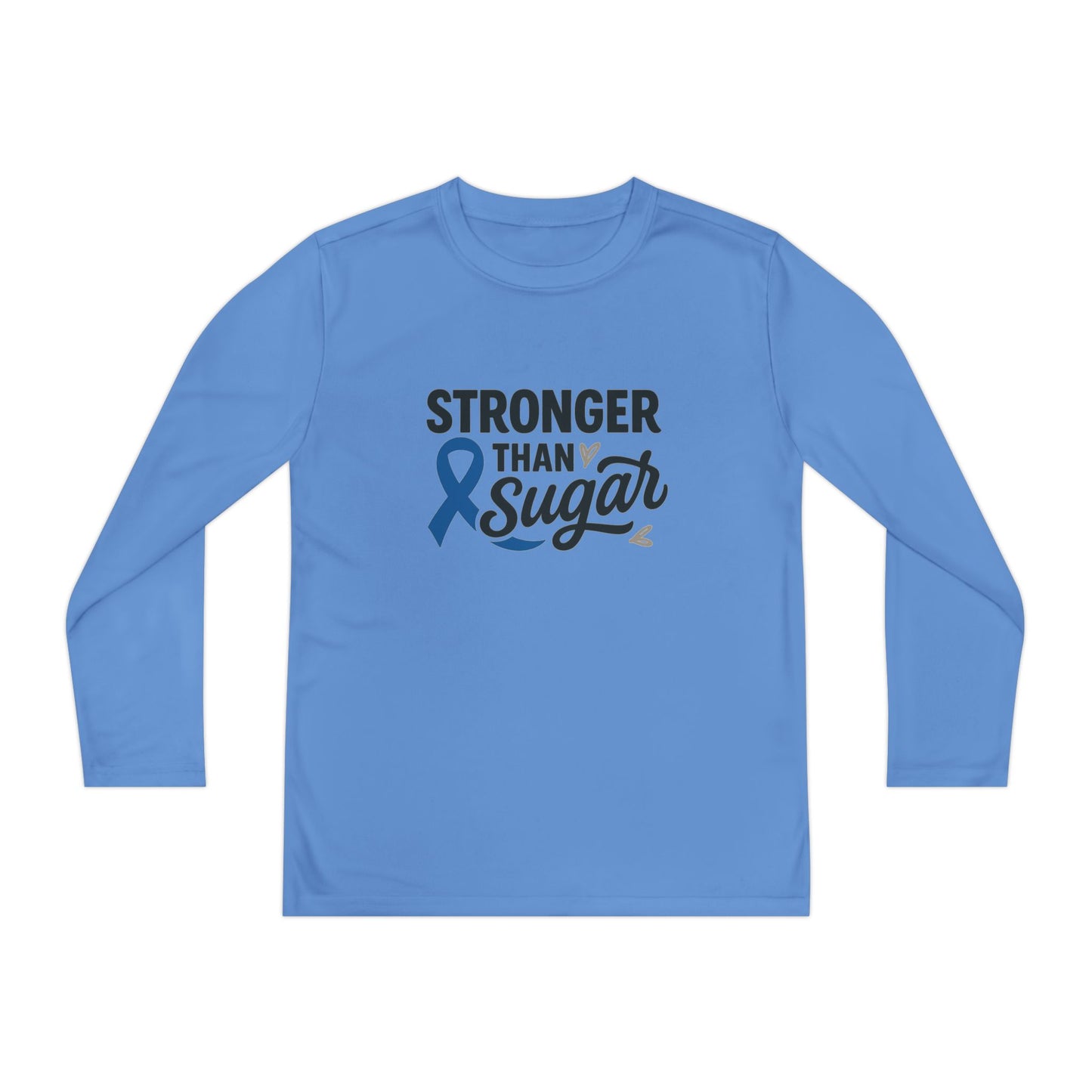 Main view of Carolina Blue Stronger Than Sugar youth long sleeve shirt — light blue diabetes awareness tee symbolizing strength, unity, and care.