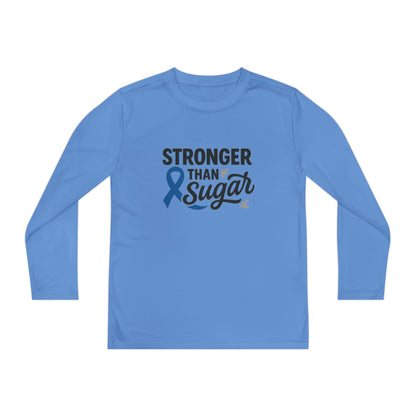Main view of Carolina Blue Stronger Than Sugar youth long sleeve shirt — light blue diabetes awareness tee symbolizing strength, unity, and care.