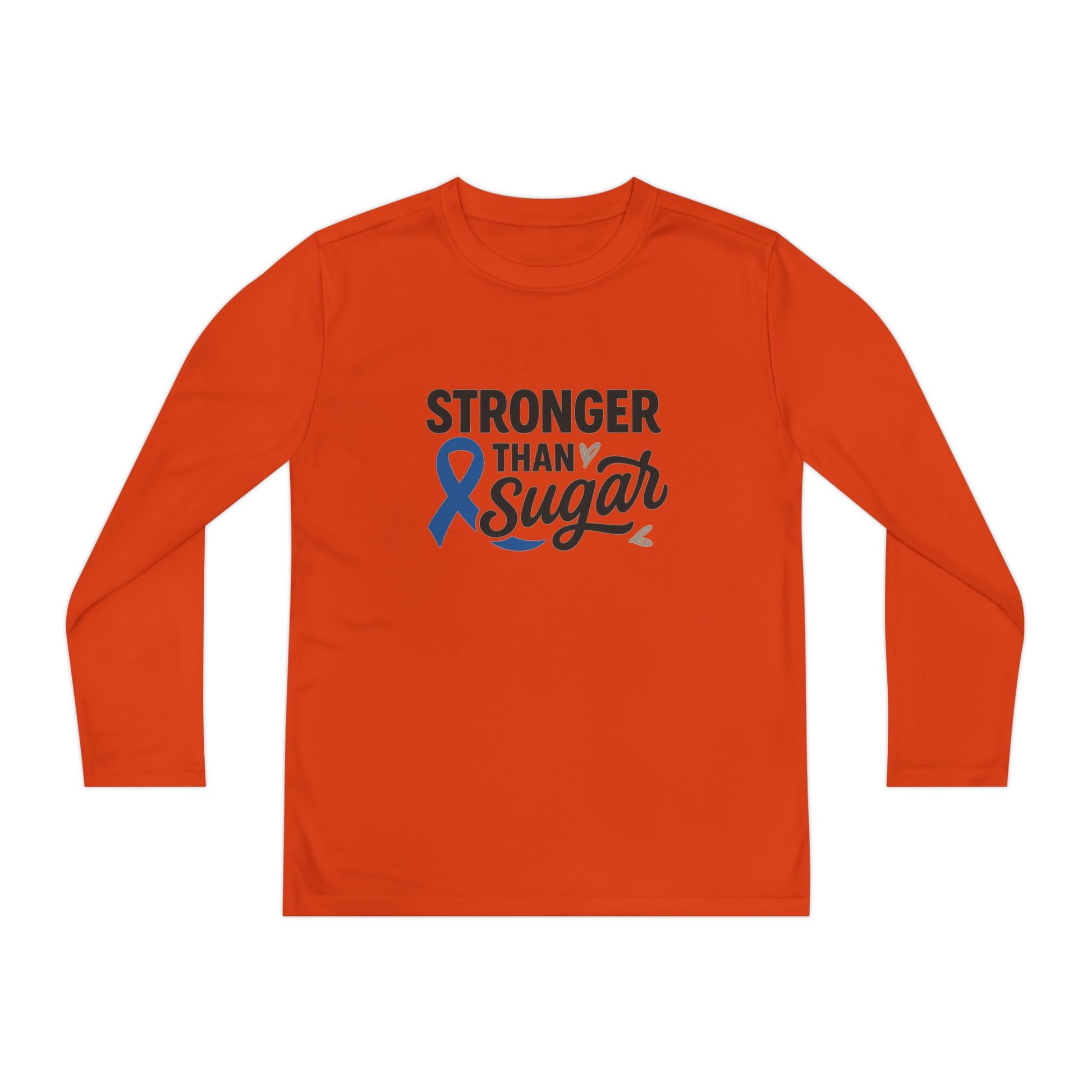 Main view of Deep Orange Stronger Than Sugar youth long sleeve shirt — bold orange awareness tee representing energy, courage, and diabetes advocacy.