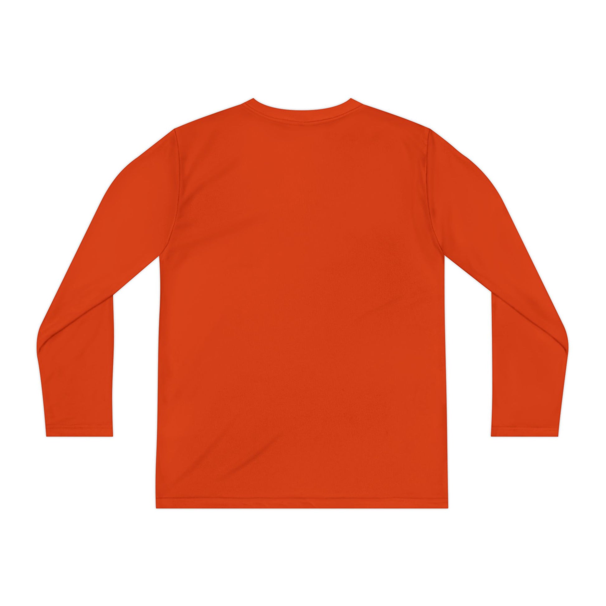 Back view of Deep Orange Stronger Than Sugar youth long sleeve shirt — bold orange awareness tee representing energy, courage, and diabetes advocacy.