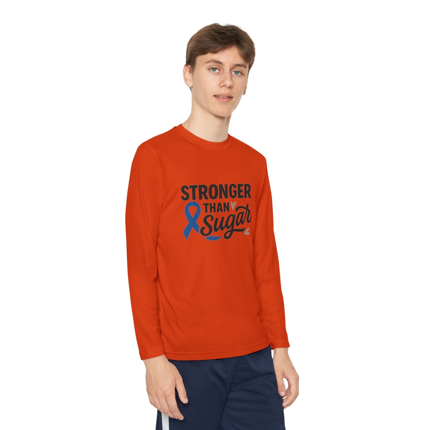 Youth boy in Deep Orange Stronger Than Sugar long sleeve shirt — vibrant awareness top featuring blue ribbon design and empowering health message.