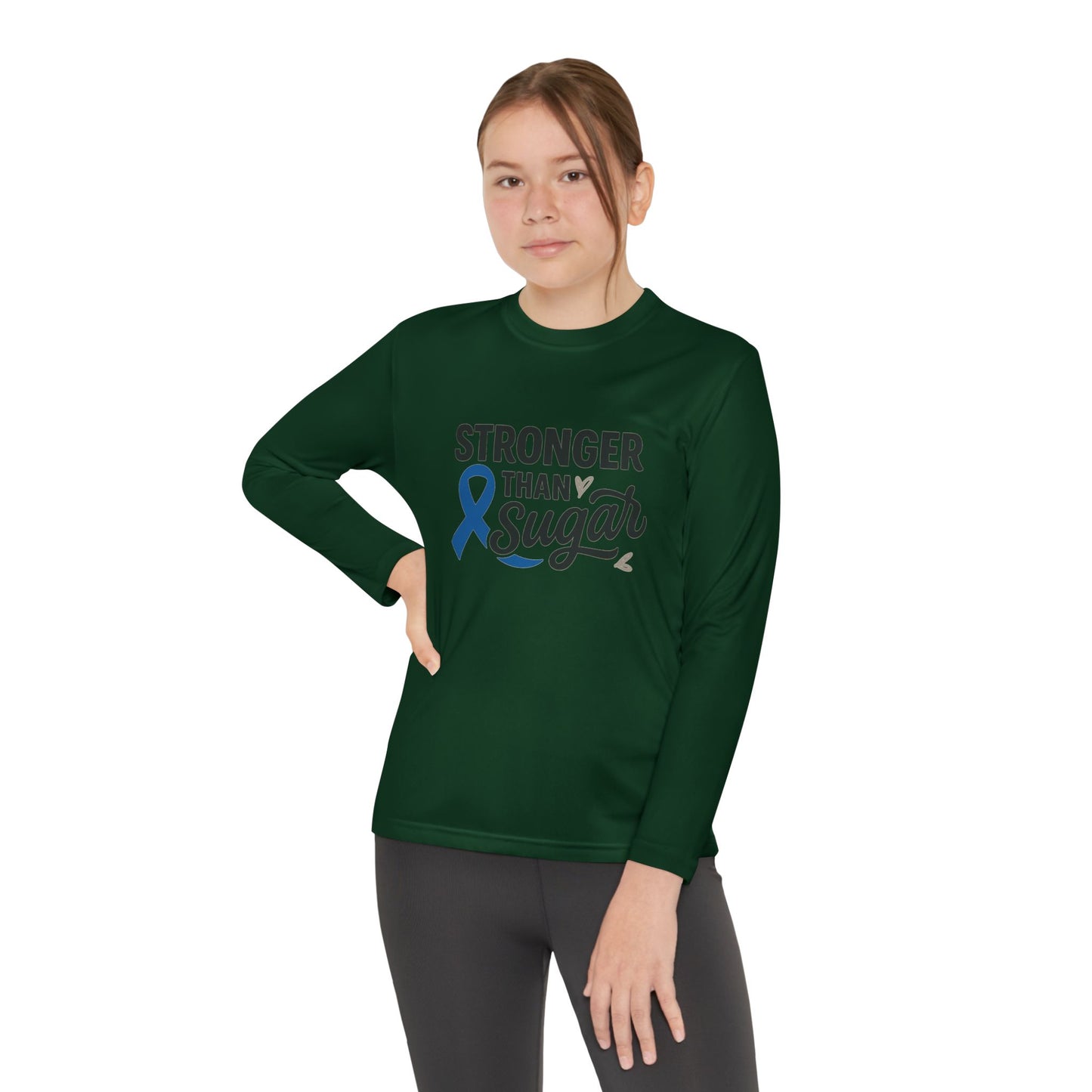 Youth girl in Forest Green Stronger Than Sugar long sleeve shirt — classic awareness apparel representing diabetes strength, courage, and care.