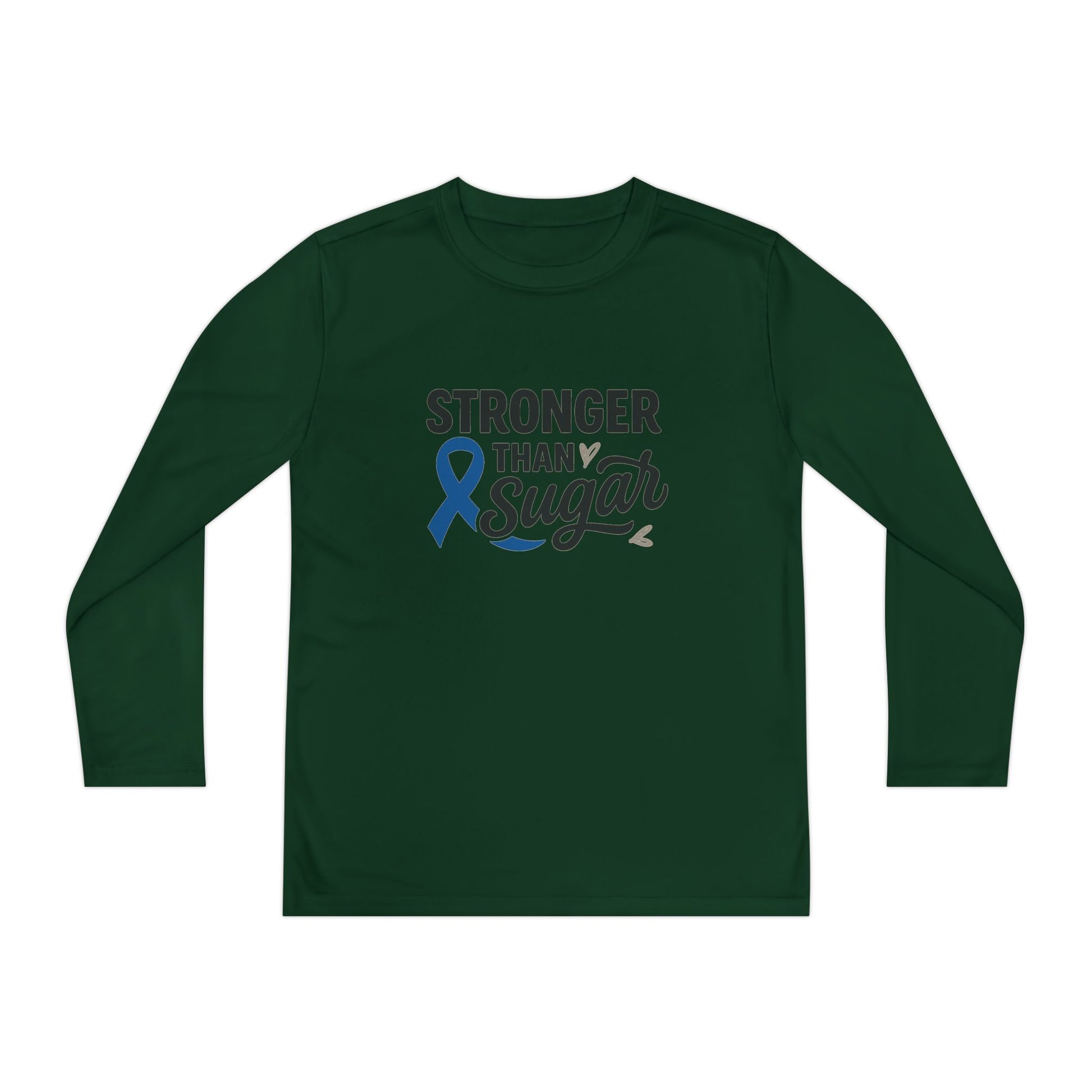 Main view of Forest Green Stronger Than Sugar youth long sleeve shirt — deep green awareness tee symbolizing resilience and diabetes strength.