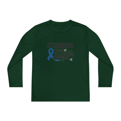 Main view of Forest Green Stronger Than Sugar youth long sleeve shirt — deep green awareness tee symbolizing resilience and diabetes strength.