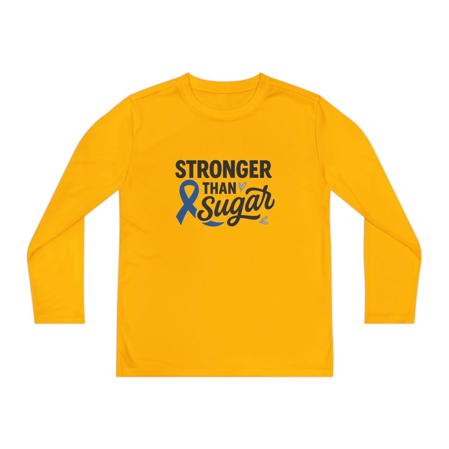 Main view of Gold Stronger Than Sugar youth long sleeve shirt — golden yellow diabetes awareness tee symbolizing strength, hope, and empowerment.
