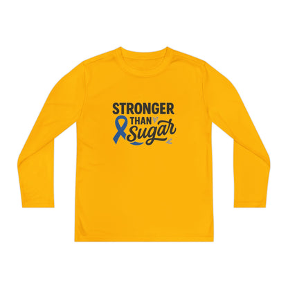Main view of Gold Stronger Than Sugar youth long sleeve shirt — golden yellow diabetes awareness tee symbolizing strength, hope, and empowerment.