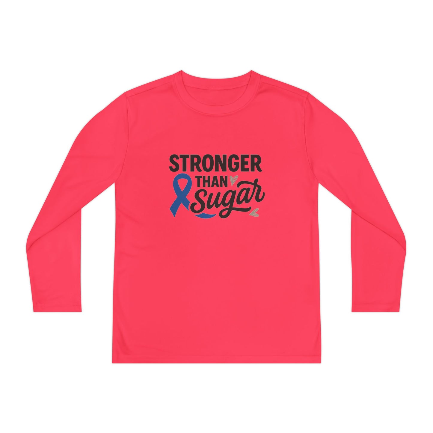 Main view of hot coral Stronger Than Sugar youth long sleeve shirt — bold awareness tee designed to inspire diabetes strength and positivity.