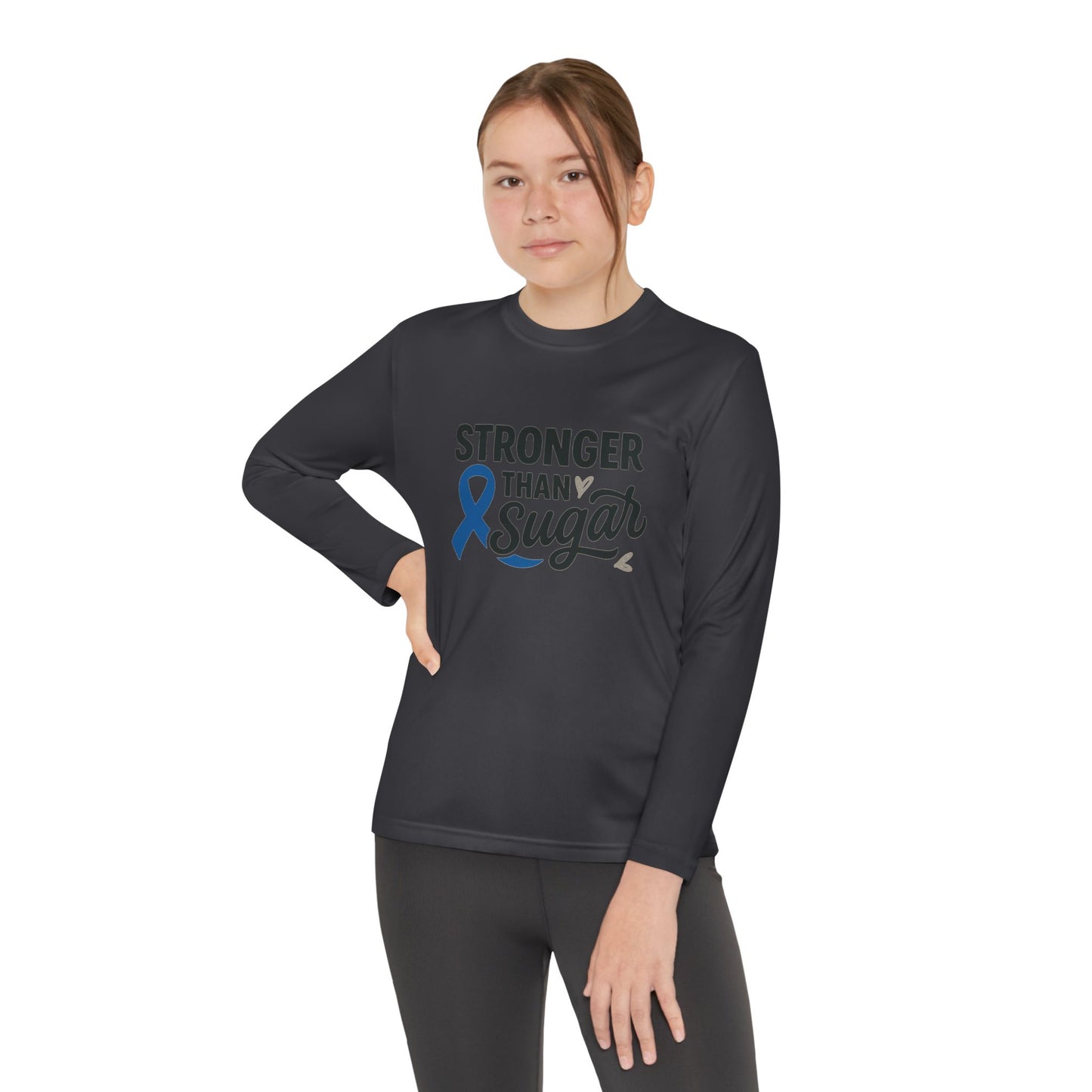 Youth girl in Iron Grey Stronger Than Sugar long sleeve shirt — dark grey awareness apparel showing support for diabetes warriors and strong kids everywhere.