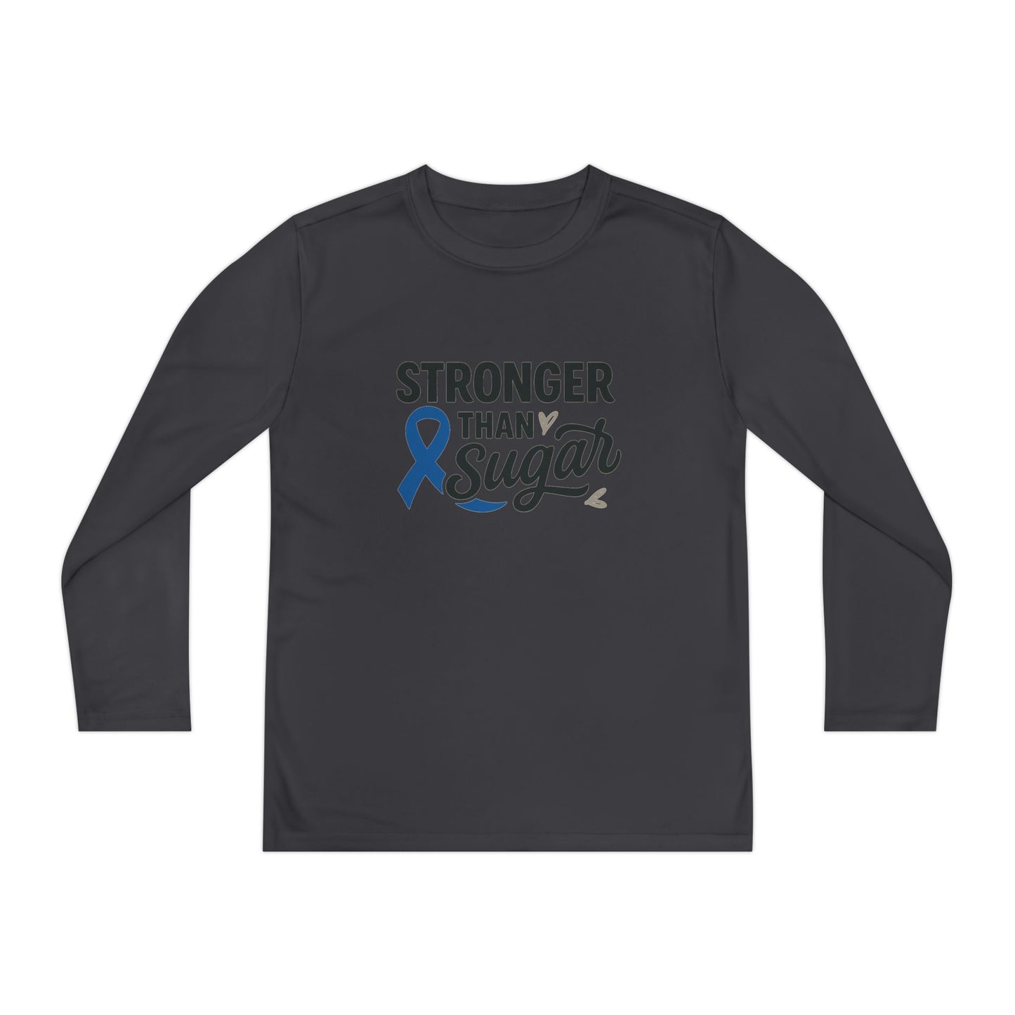 Main view of Iron Grey Stronger Than Sugar youth long sleeve shirt — dark grey diabetes awareness tee promoting resilience, support, and strength.