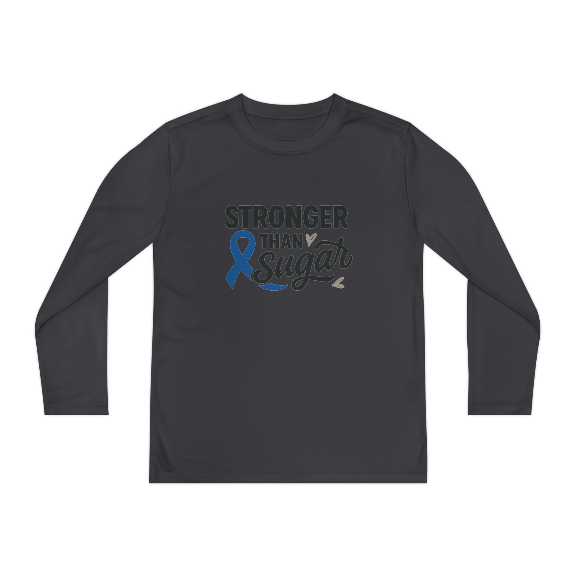 Main view of Iron Grey Stronger Than Sugar youth long sleeve shirt — dark grey diabetes awareness tee promoting resilience, support, and strength.