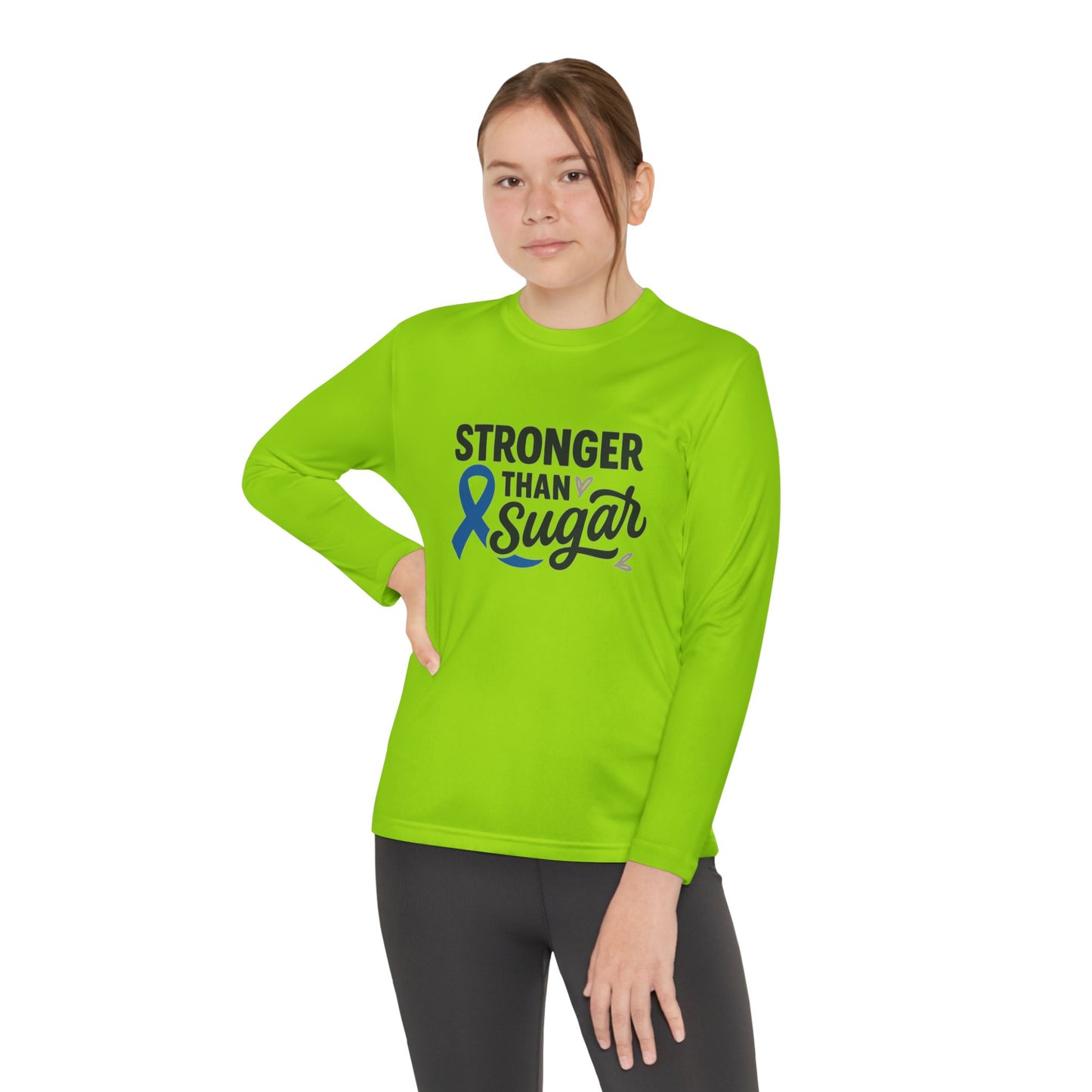 Youth girl in Lime Shock Stronger Than Sugar long sleeve shirt — empowering green awareness top for kids showing diabetes strength and unity.