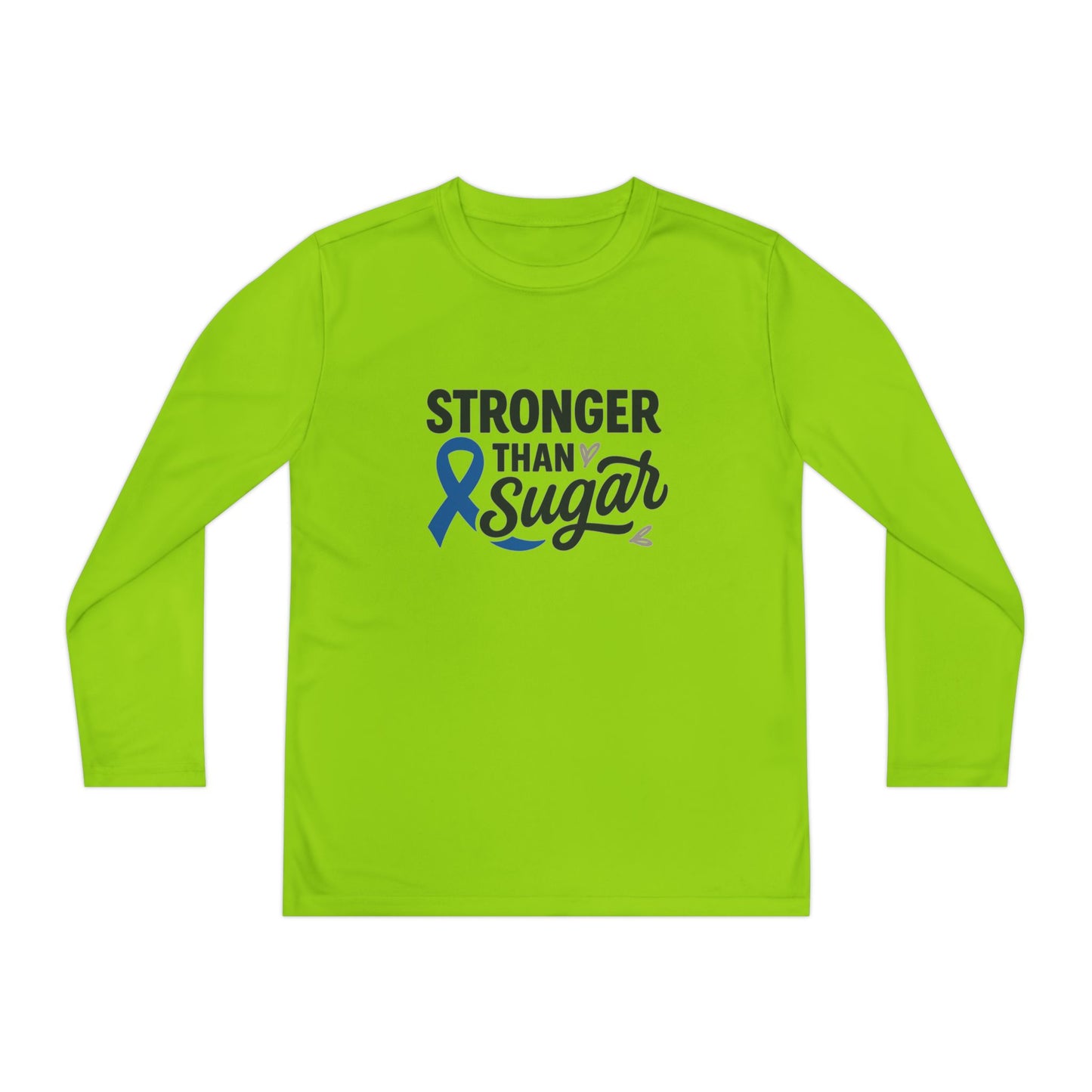 Main view of Lime Shock Stronger Than Sugar youth long sleeve shirt — bright green diabetes awareness tee promoting strength, positivity, and advocacy.