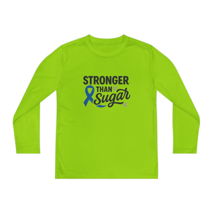 Main view of Lime Shock Stronger Than Sugar youth long sleeve shirt — bright green diabetes awareness tee promoting strength, positivity, and advocacy.