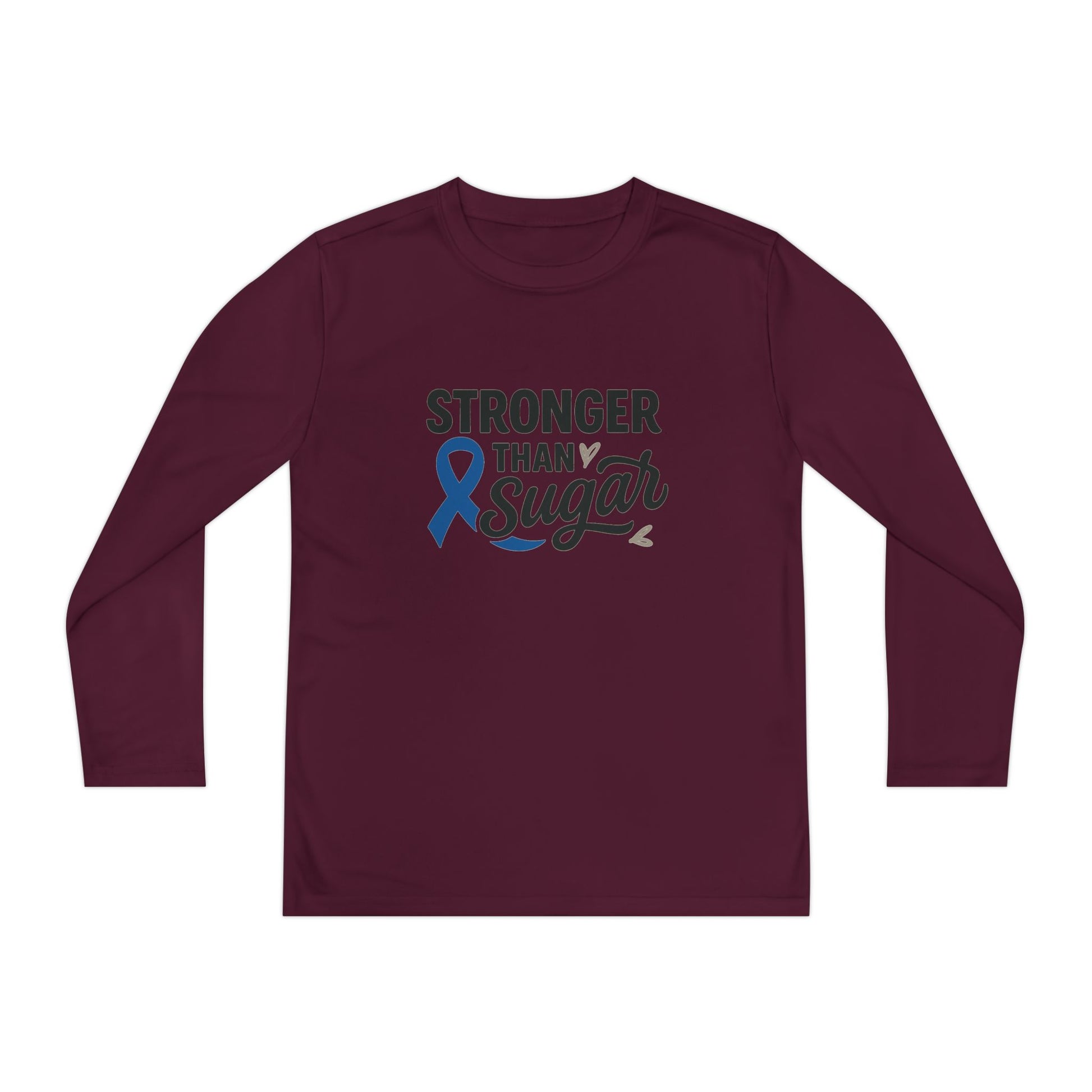 Main view of maroon Stronger Than Sugar youth long sleeve shirt — deep-tone awareness tee symbolizing diabetes strength and resilience.