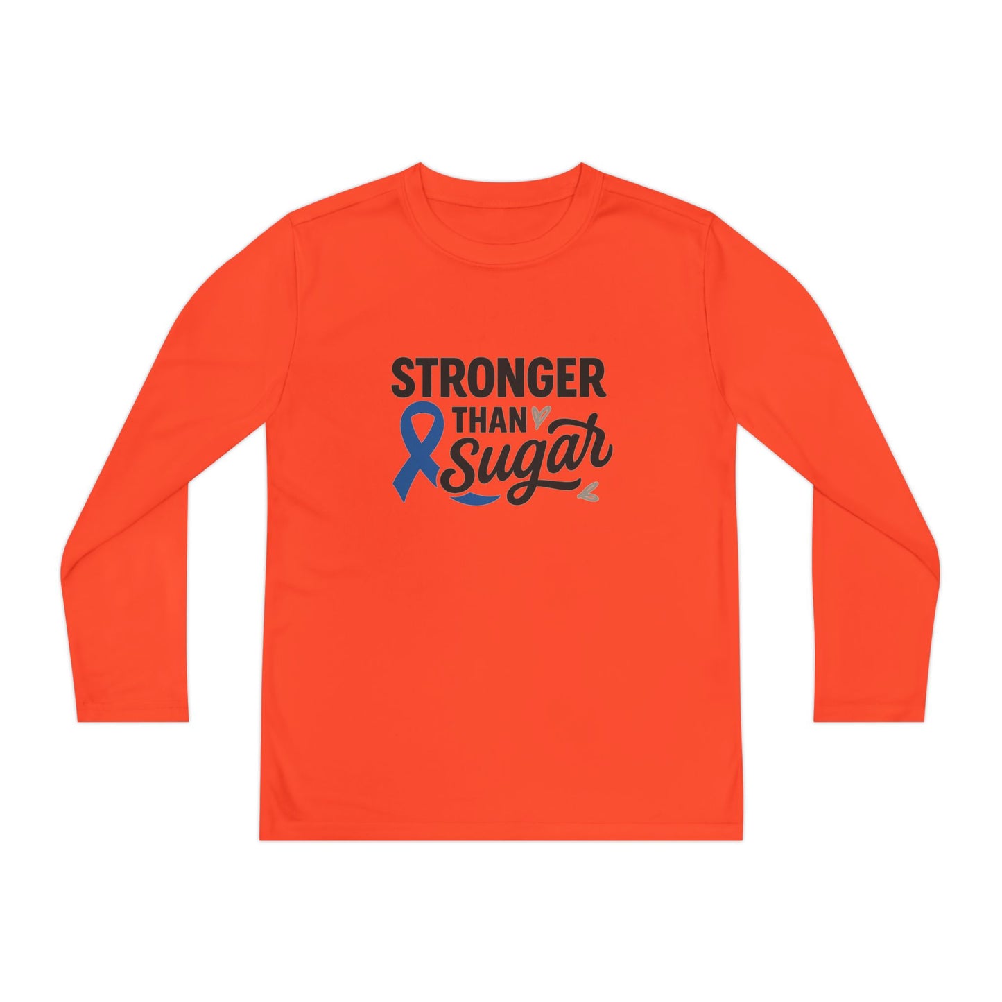 Main view of Neon Orange Stronger Than Sugar youth long sleeve shirt — bold orange awareness tee representing energy, courage, and diabetes advocacy.