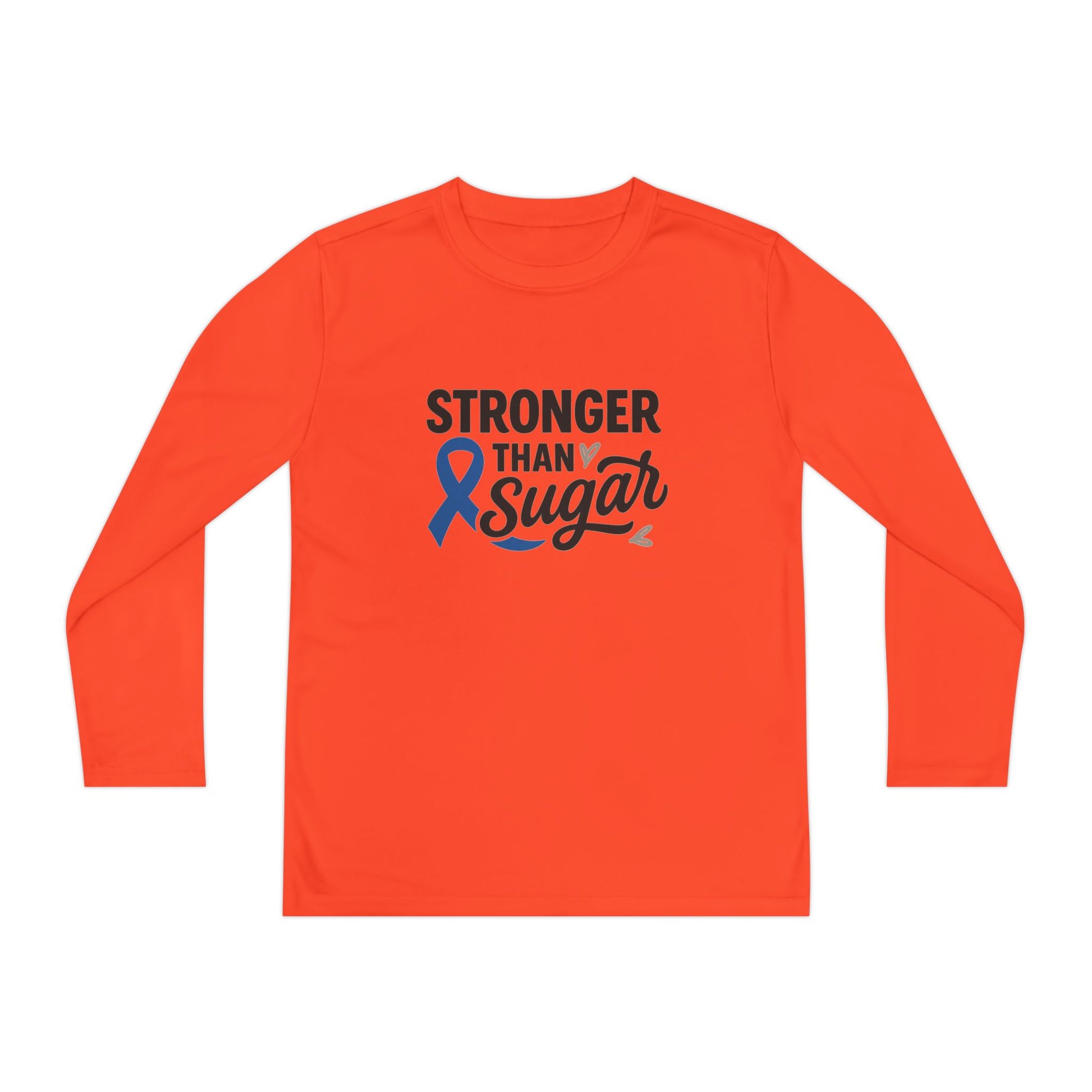 Main view of Neon Orange Stronger Than Sugar youth long sleeve shirt — bold orange awareness tee representing energy, courage, and diabetes advocacy.